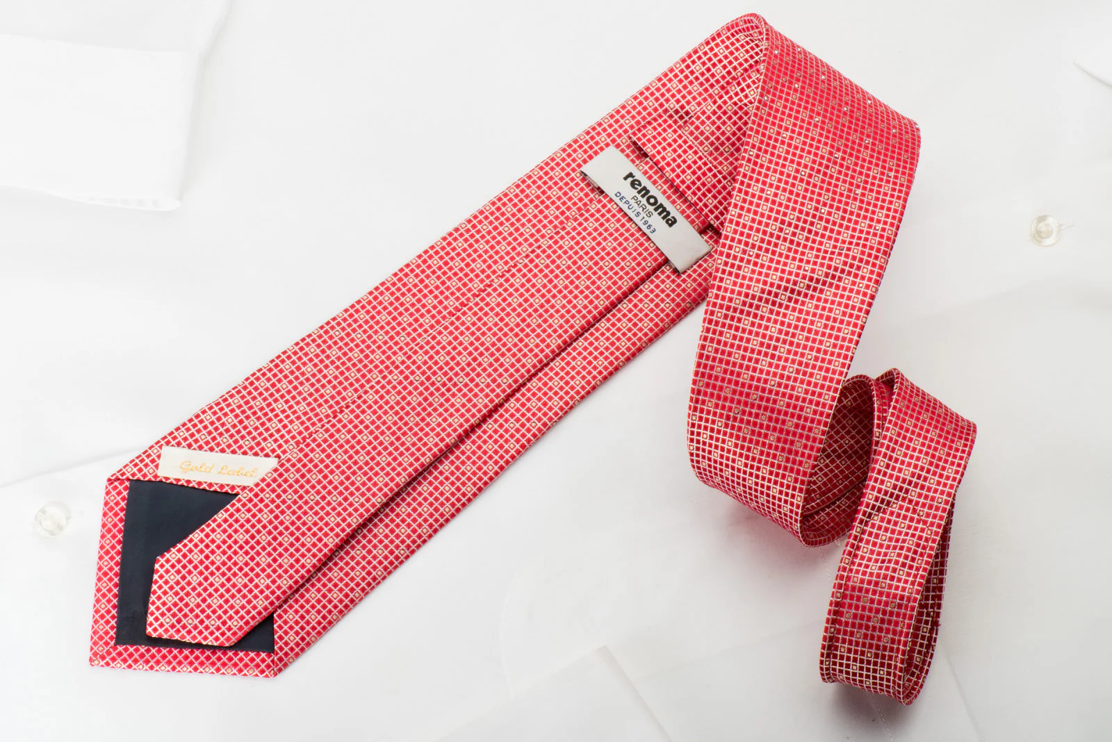 Renoma Silk Tie Silver Trellis On Red With Rhinestones - Image 3