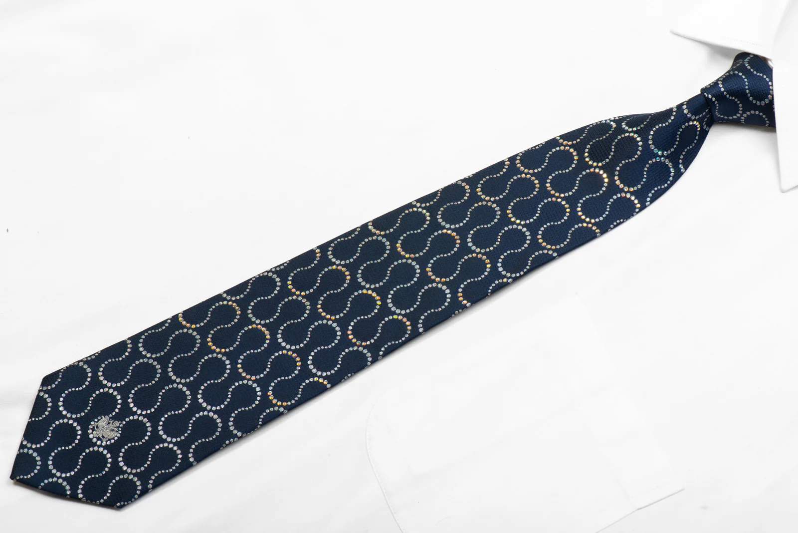 Renoma Silk Tie Silver Waves On Navy Sparkling With Rhinestones - Image 3