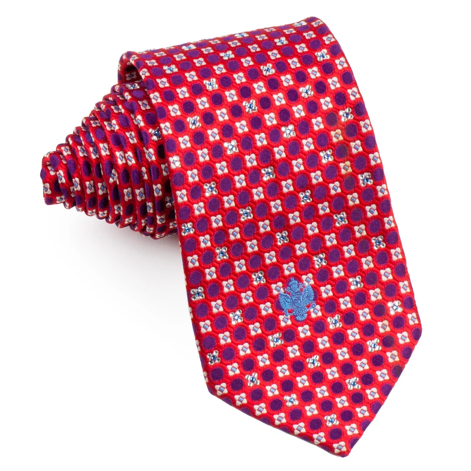 Renoma Silk Tie With Rhinestones Purple White Geometric On Red Silk