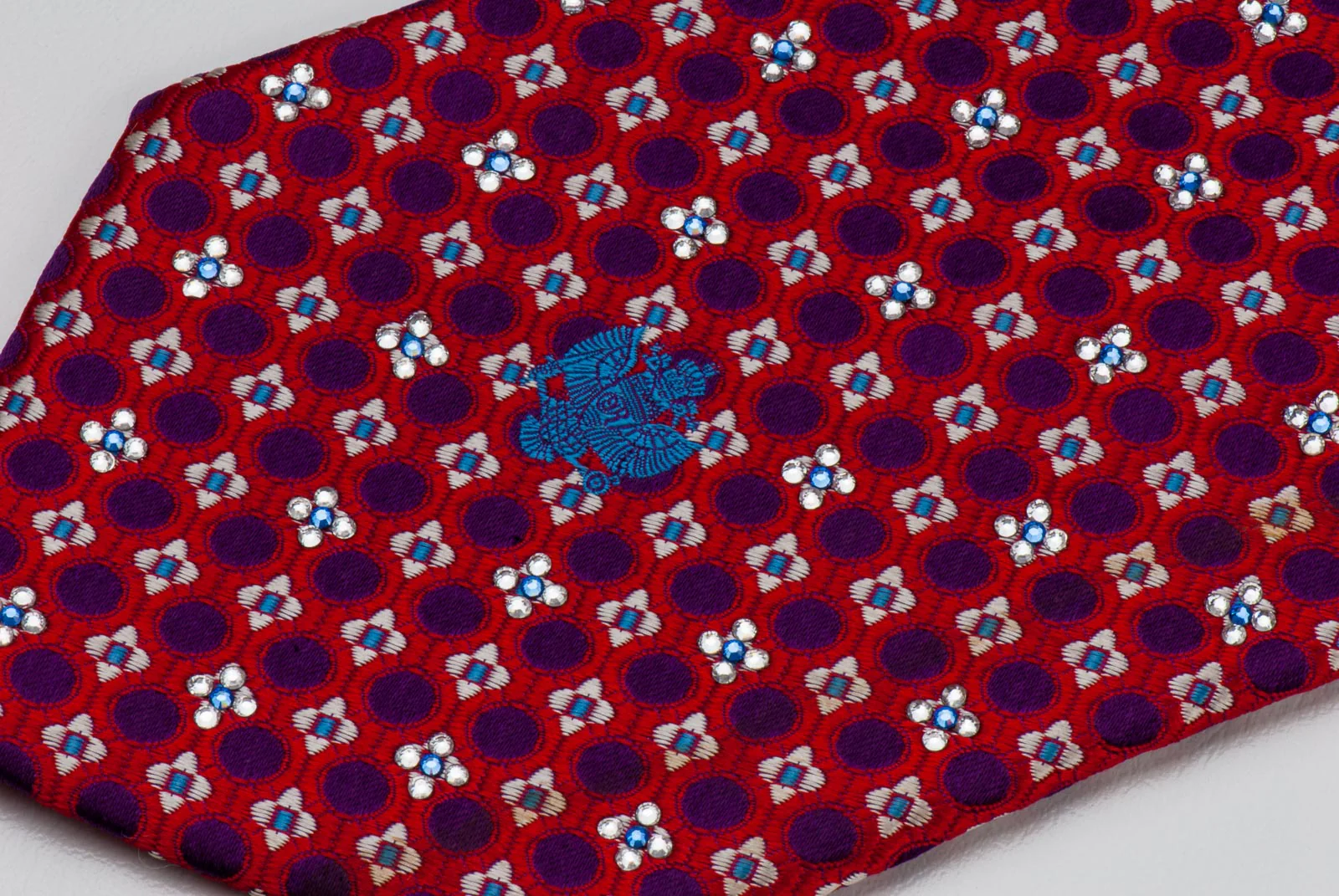 Renoma Silk Tie With Rhinestones Purple White Geometric On Red Silk - Image 2