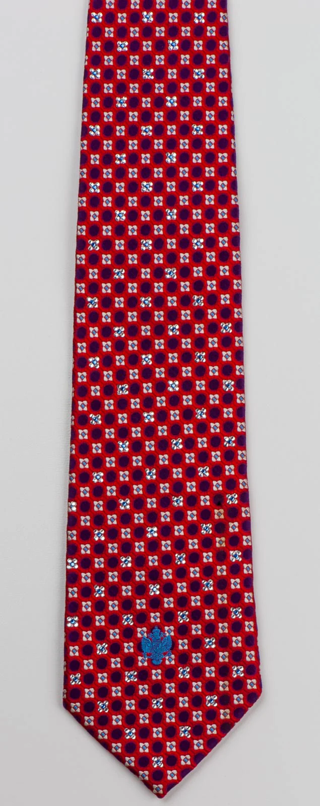Renoma Silk Tie With Rhinestones Purple White Geometric On Red Silk - Image 3