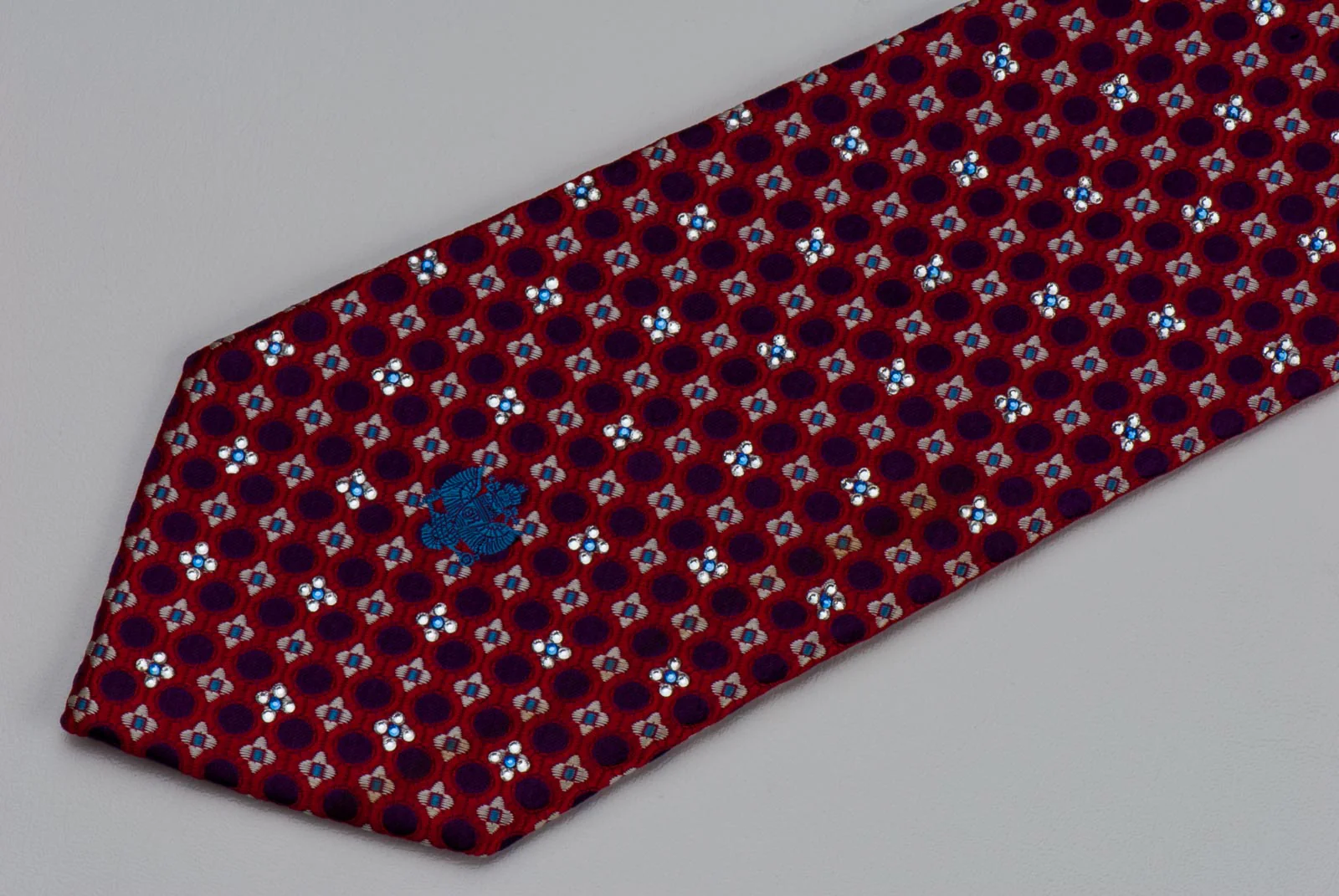 Renoma Silk Tie With Rhinestones Purple White Geometric On Red Silk - Image 4