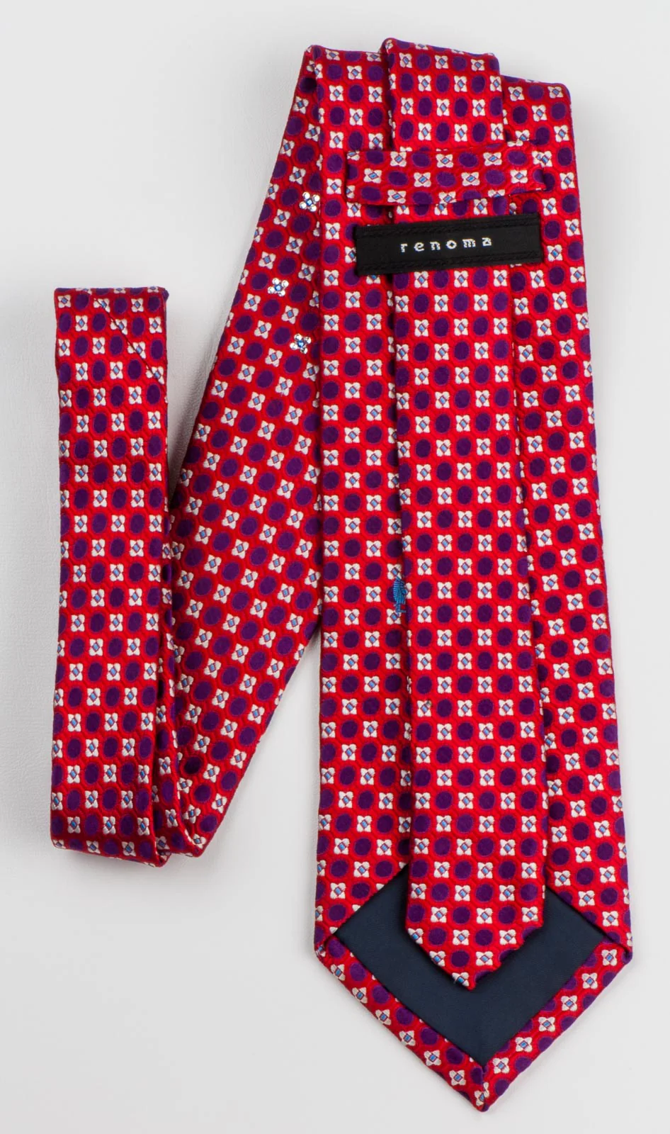 Renoma Silk Tie With Rhinestones Purple White Geometric On Red Silk - Image 5