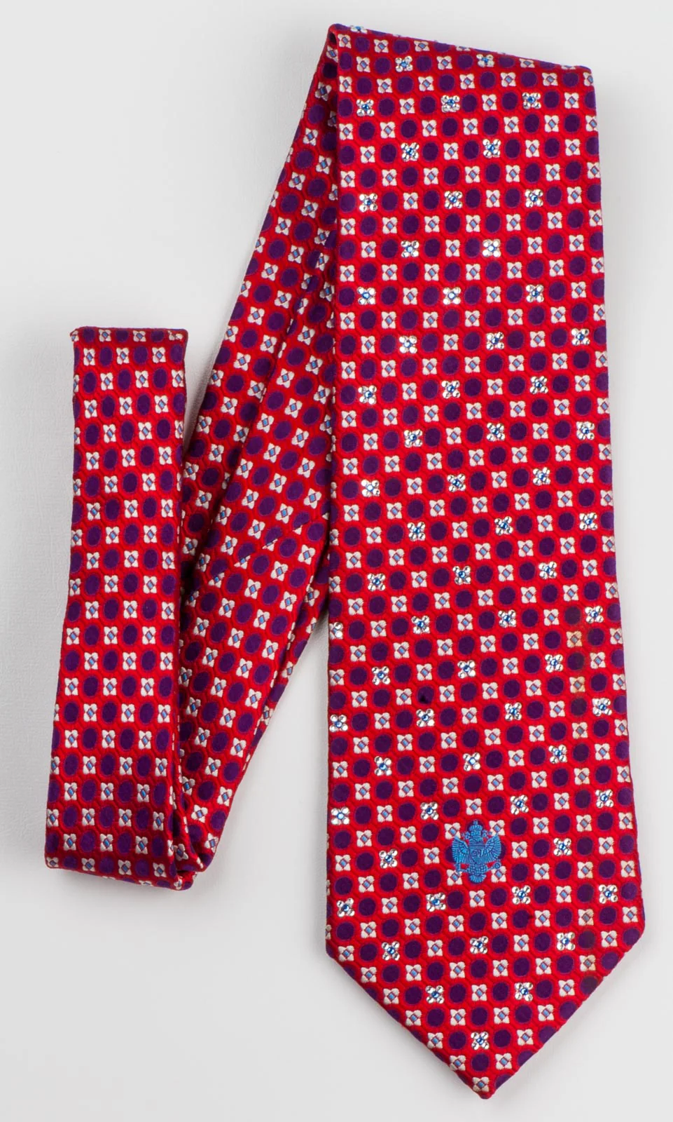 Renoma Silk Tie With Rhinestones Purple White Geometric On Red Silk - Image 7