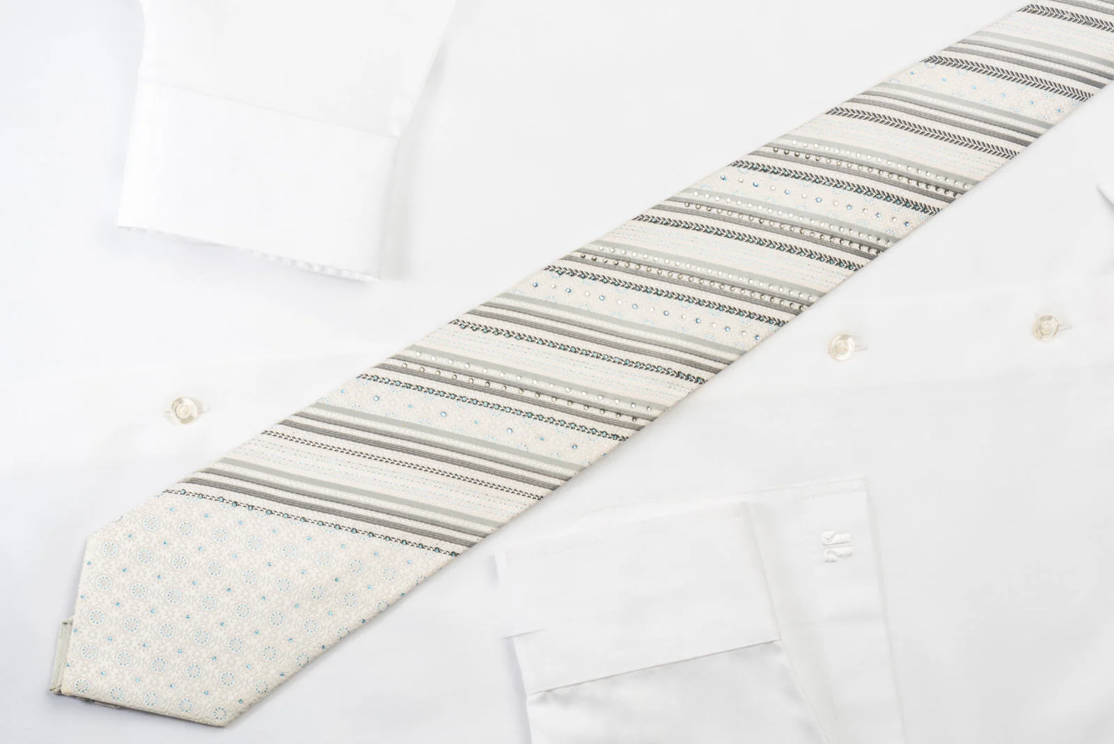 Renoma White Silk Rhinestone Tie Silver Stripes On White With Silver Sparkles - Image 4