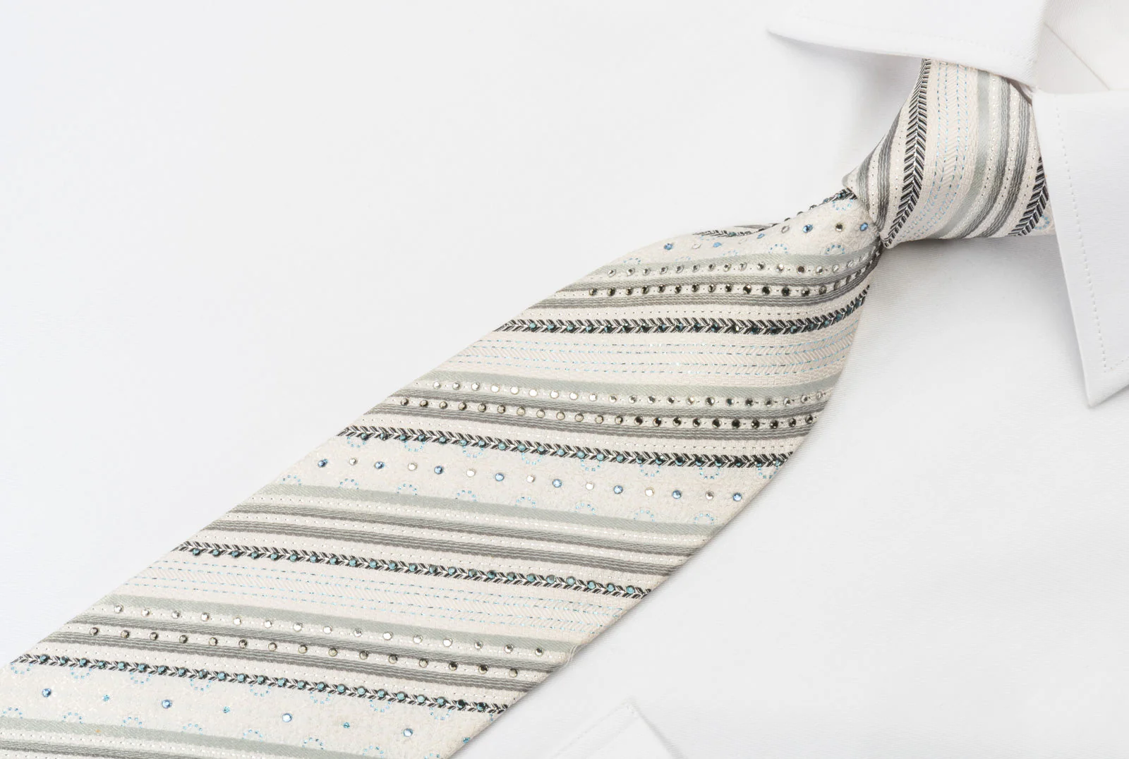 Renoma White Silk Rhinestone Tie Silver Stripes On White With Silver Sparkles - Image 5