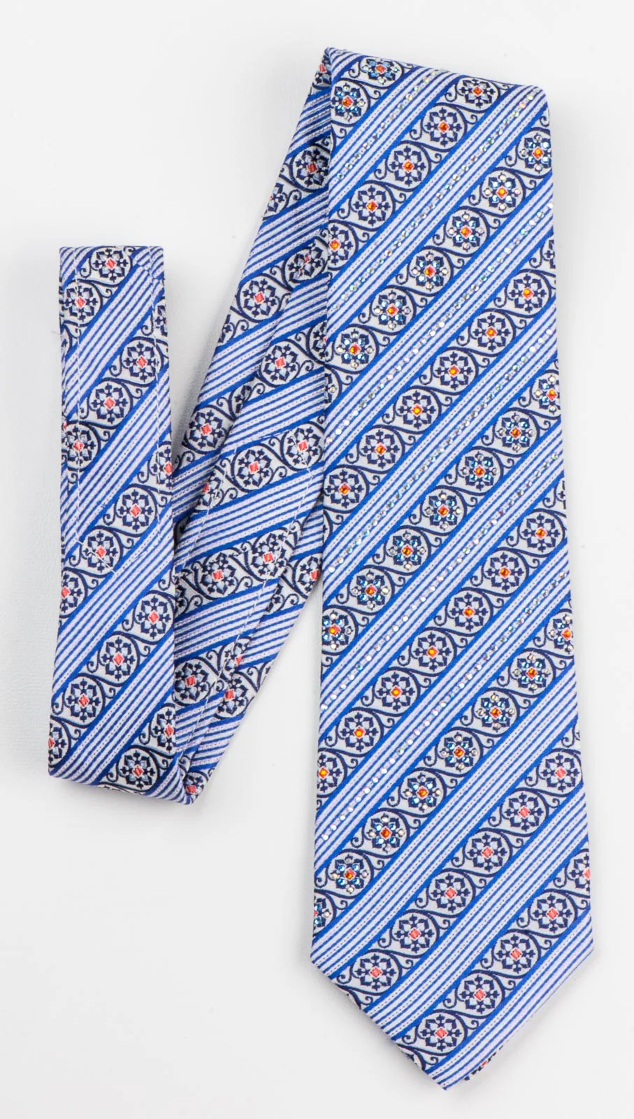 Renoma Woven Rhinestone Silk Necktie Tie Blue Stripes On White - Image 7