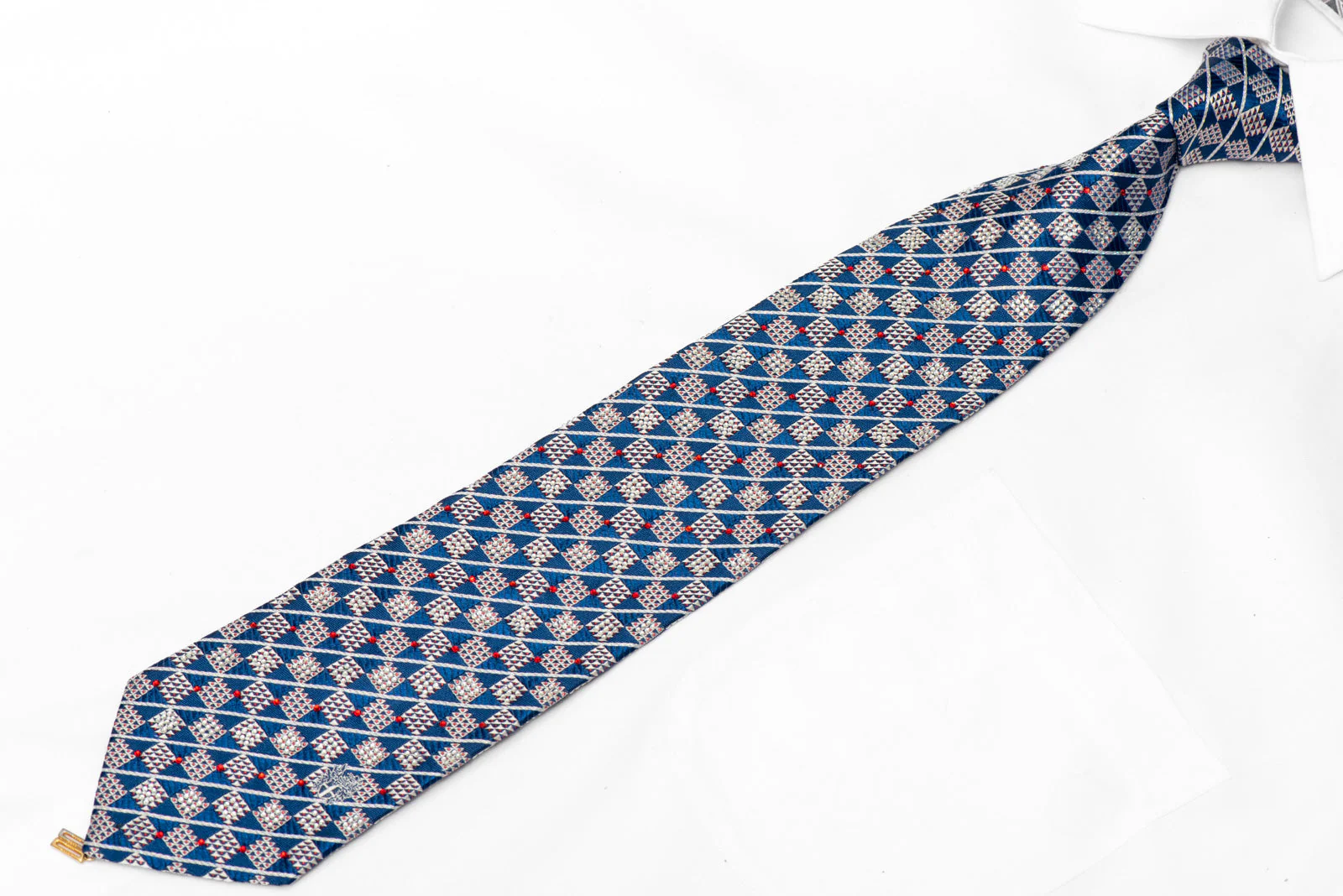 Rhinestone-Embellished Silk Necktie – Navy & Silver Checkered Weave - Image 2