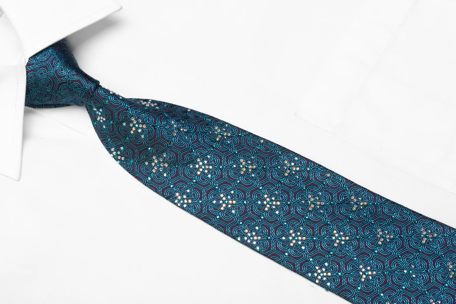 Rhinestone Necktie Blue Key Trellis On Woven Purple Silk - Image 2