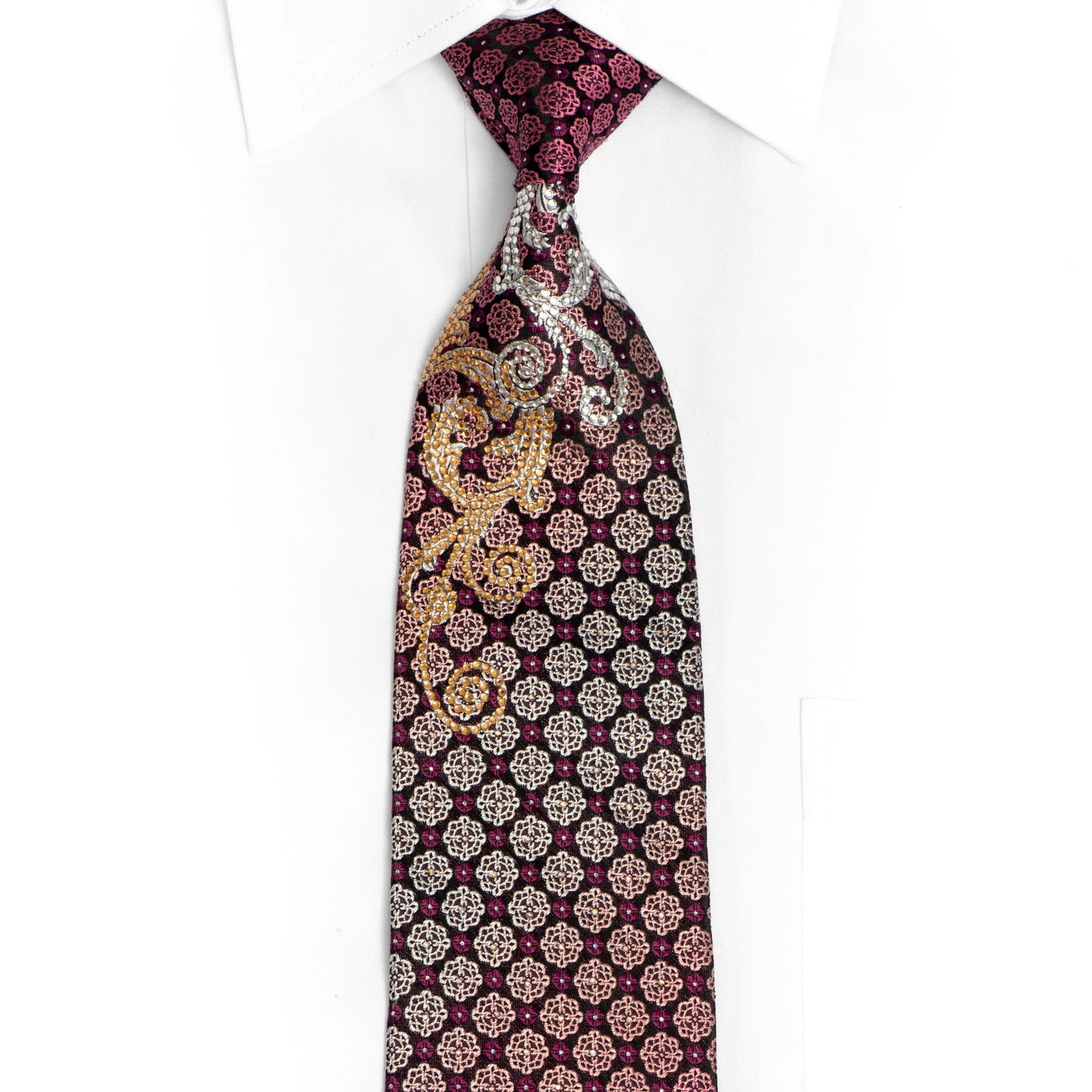 Rhinestone Scrolls On Purple Black Silk Tie With Silver Sparkles