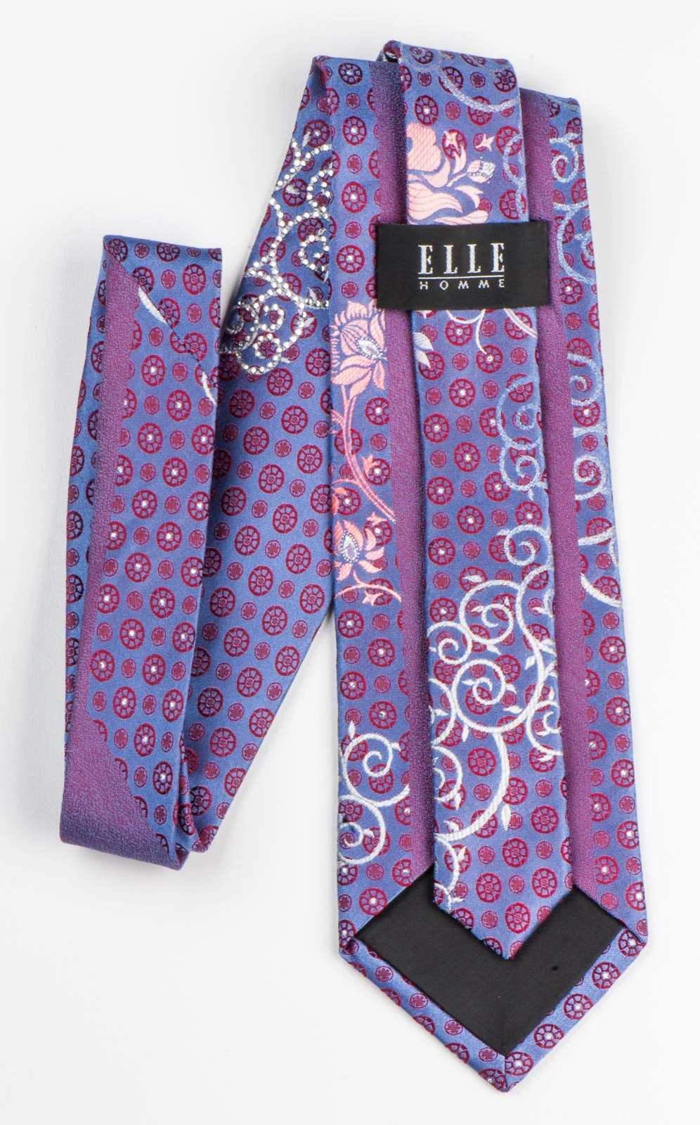 Rhinestone Silk Necktie By Elle Homme Artistic Silver & Floral Design On Purple - Image 3
