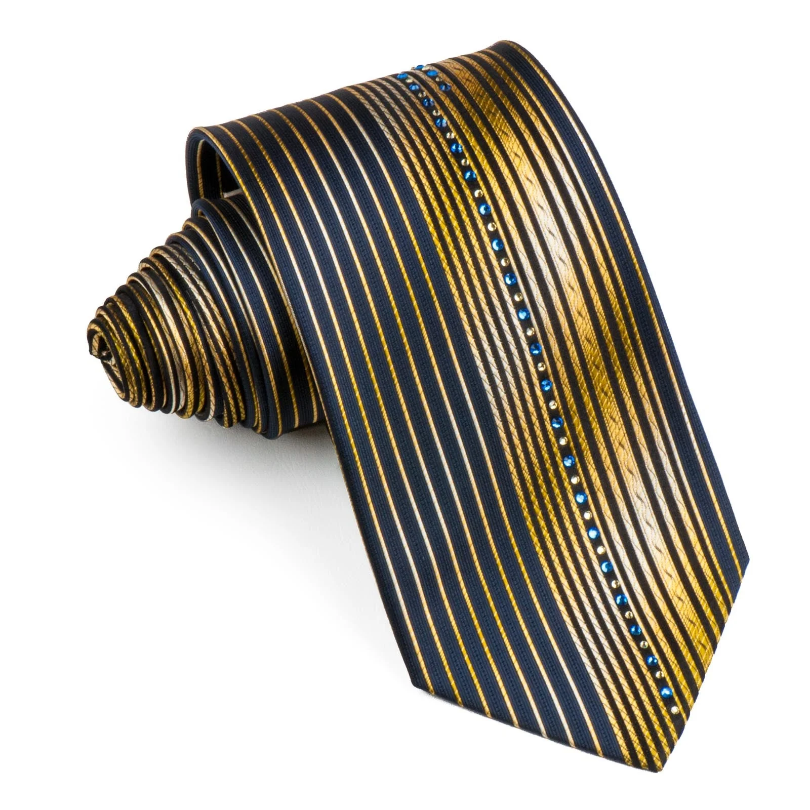 Rhinestone Silk Necktie By Perry Ellis Vertical Yellow Stripes On Black