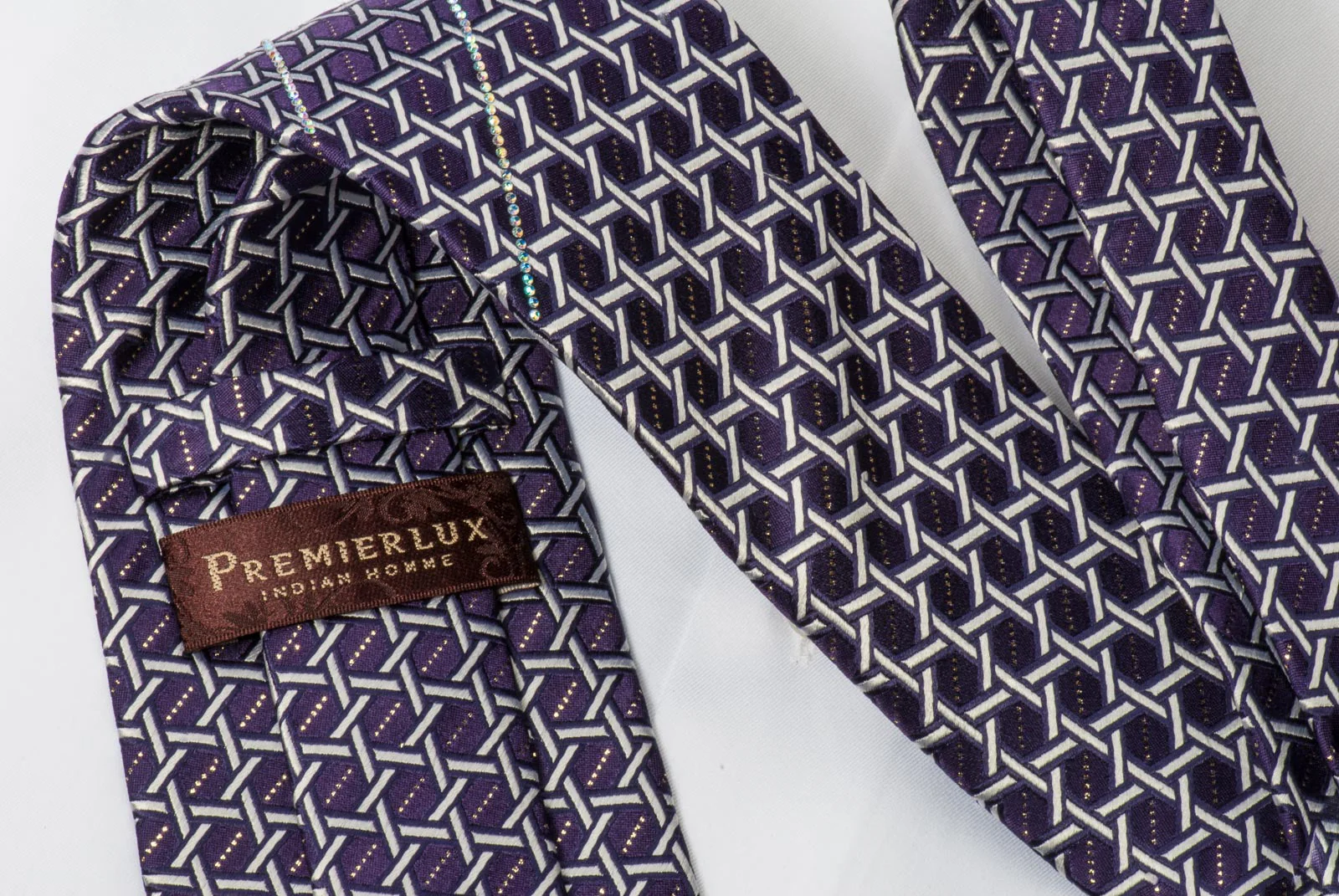 Rhinestone Silk Necktie By Premierlux Silver Lattice On Purple With Silver Sparkles - Image 2
