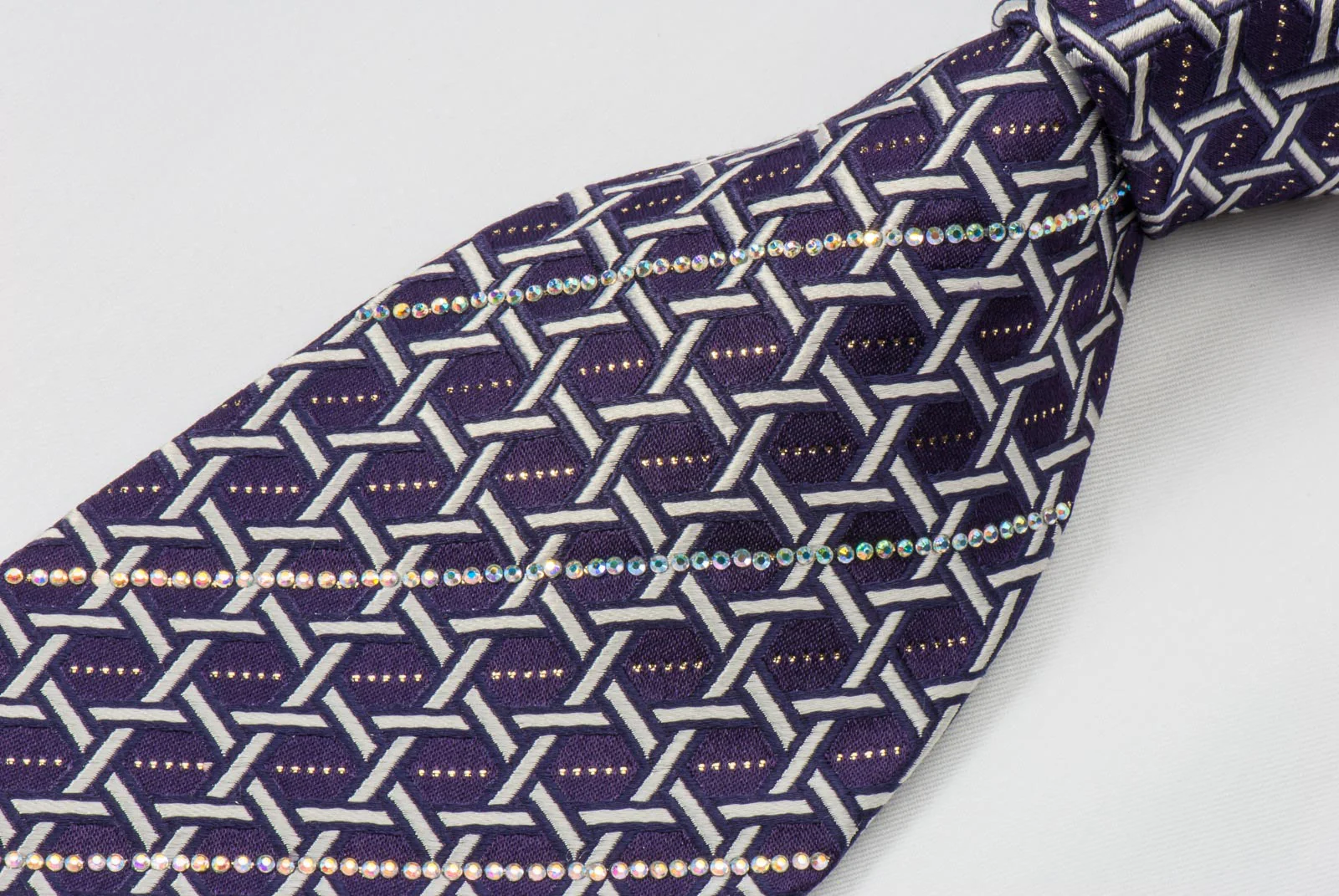 Rhinestone Silk Necktie By Premierlux Silver Lattice On Purple With Silver Sparkles - Image 3