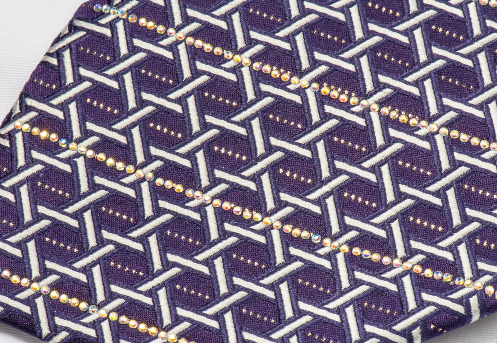 Rhinestone Silk Necktie By Premierlux Silver Lattice On Purple With Silver Sparkles - Image 4