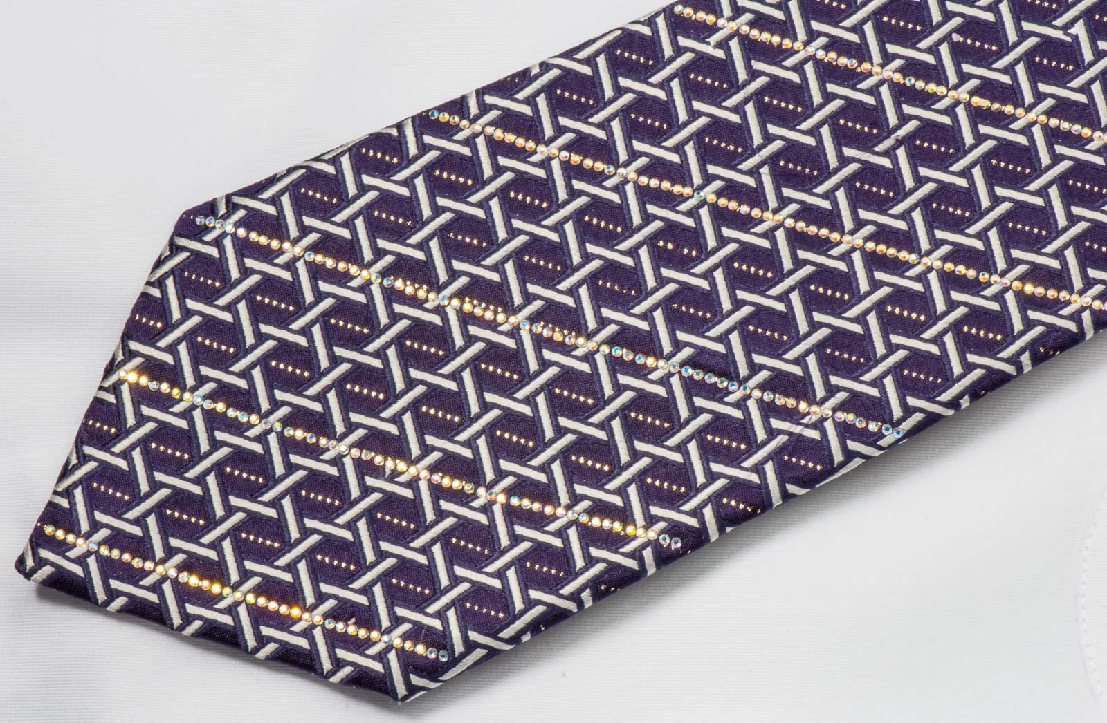 Rhinestone Silk Necktie By Premierlux Silver Lattice On Purple With Silver Sparkles - Image 6