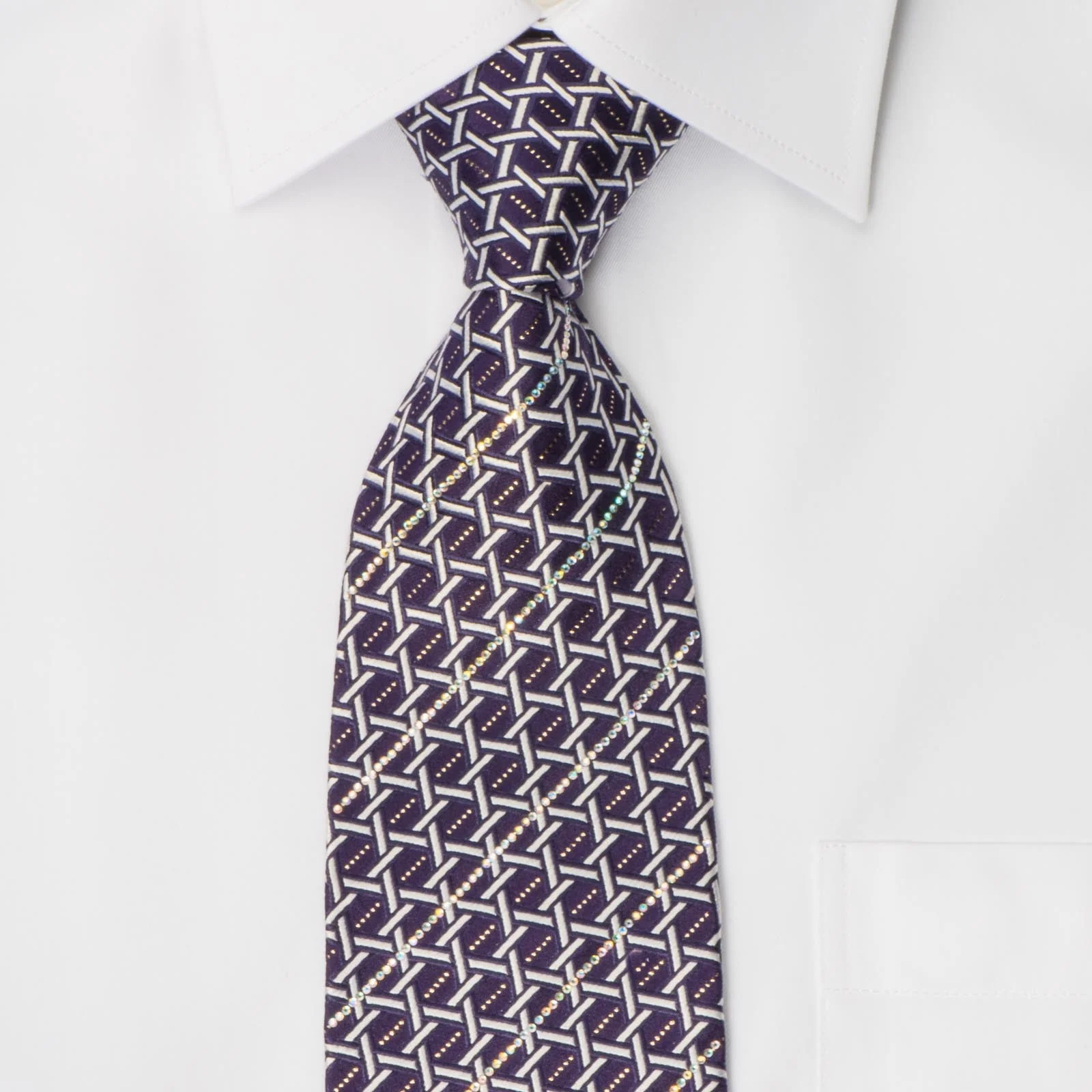 Rhinestone Silk Necktie By Premierlux Silver Lattice On Purple With Silver Sparkles - Image 7