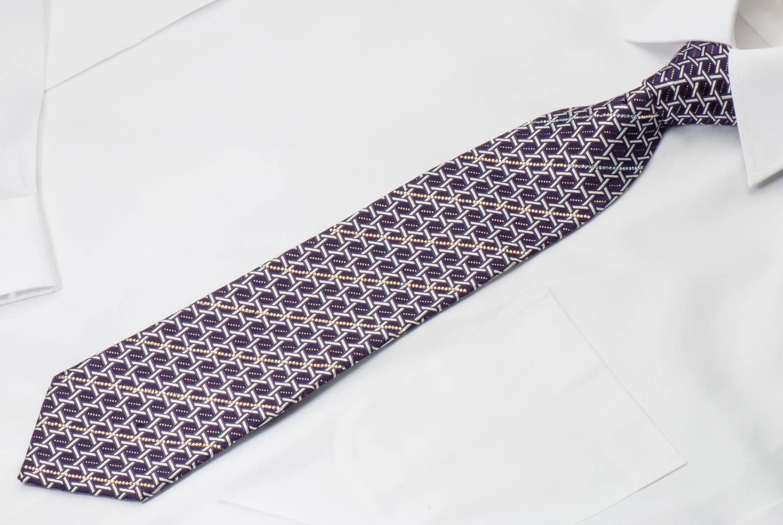 Rhinestone Silk Necktie By Premierlux Silver Lattice On Purple With Silver Sparkles - Image 8