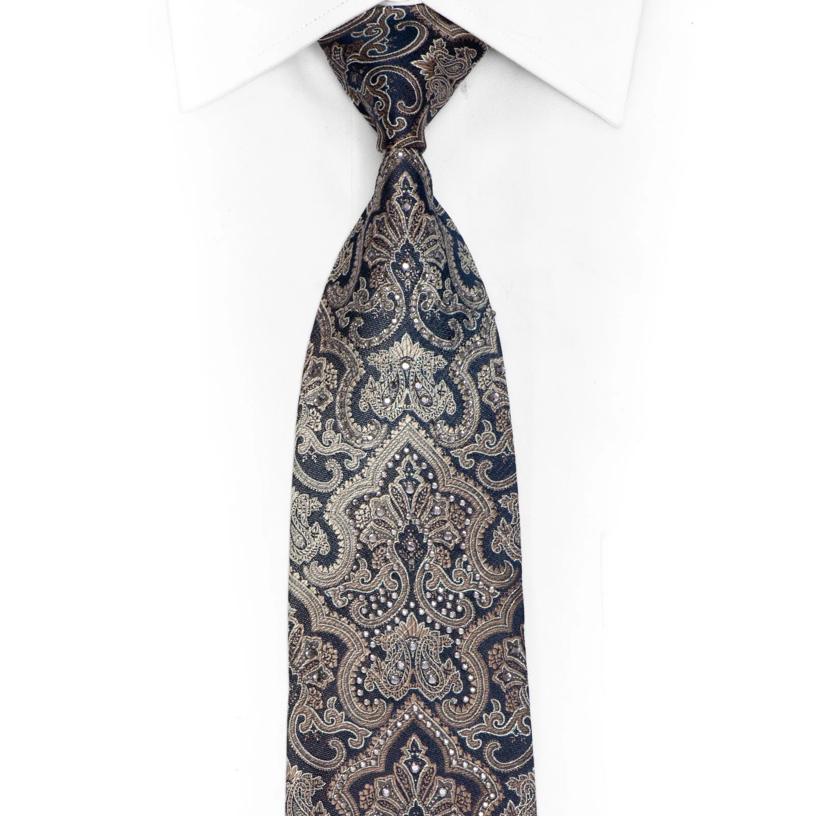 Rhinestone Silk Necktie - Gold Damask on Navy