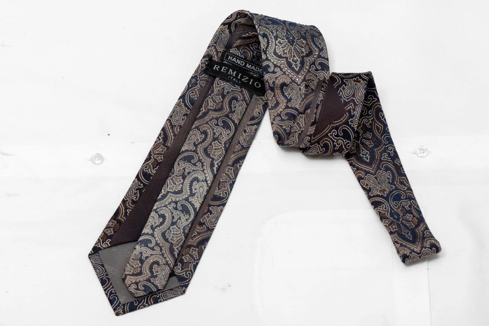 Rhinestone Silk Necktie - Gold Damask on Navy - Image 3
