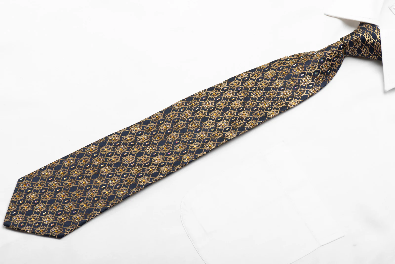 Rhinestone Silk Necktie Gold Interlocking Chains On Navy With Gold Sparkles - Image 3