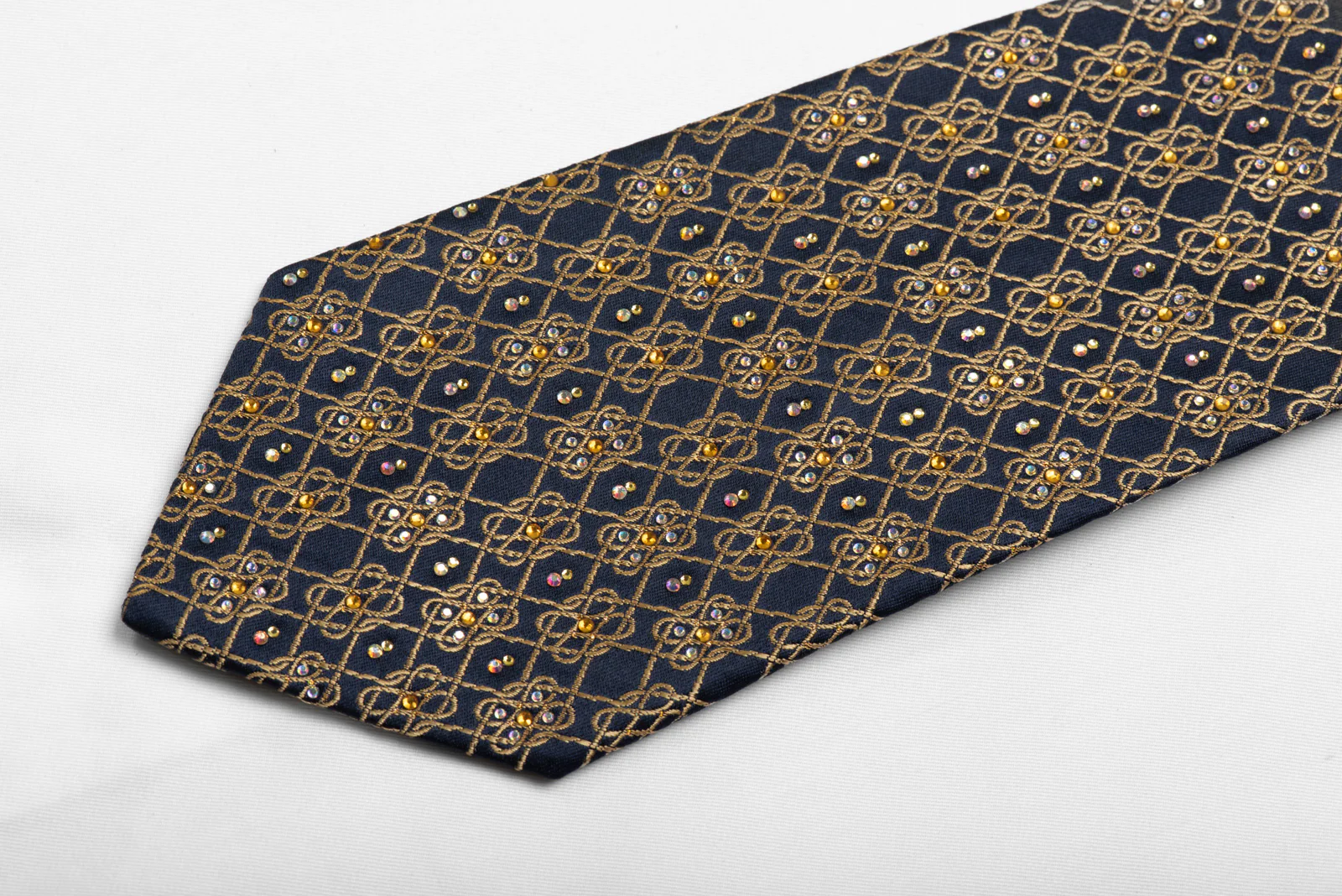 Rhinestone Silk Necktie Gold Interlocking Chains On Navy With Gold Sparkles - Image 4