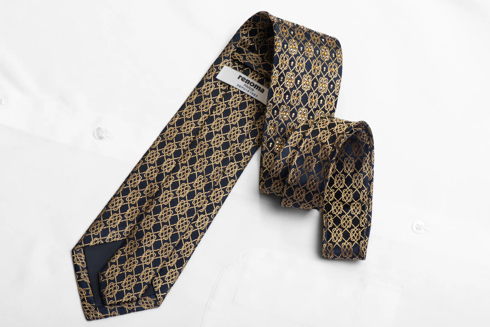 Rhinestone Silk Necktie Gold Interlocking Chains On Navy With Gold Sparkles - Image 5