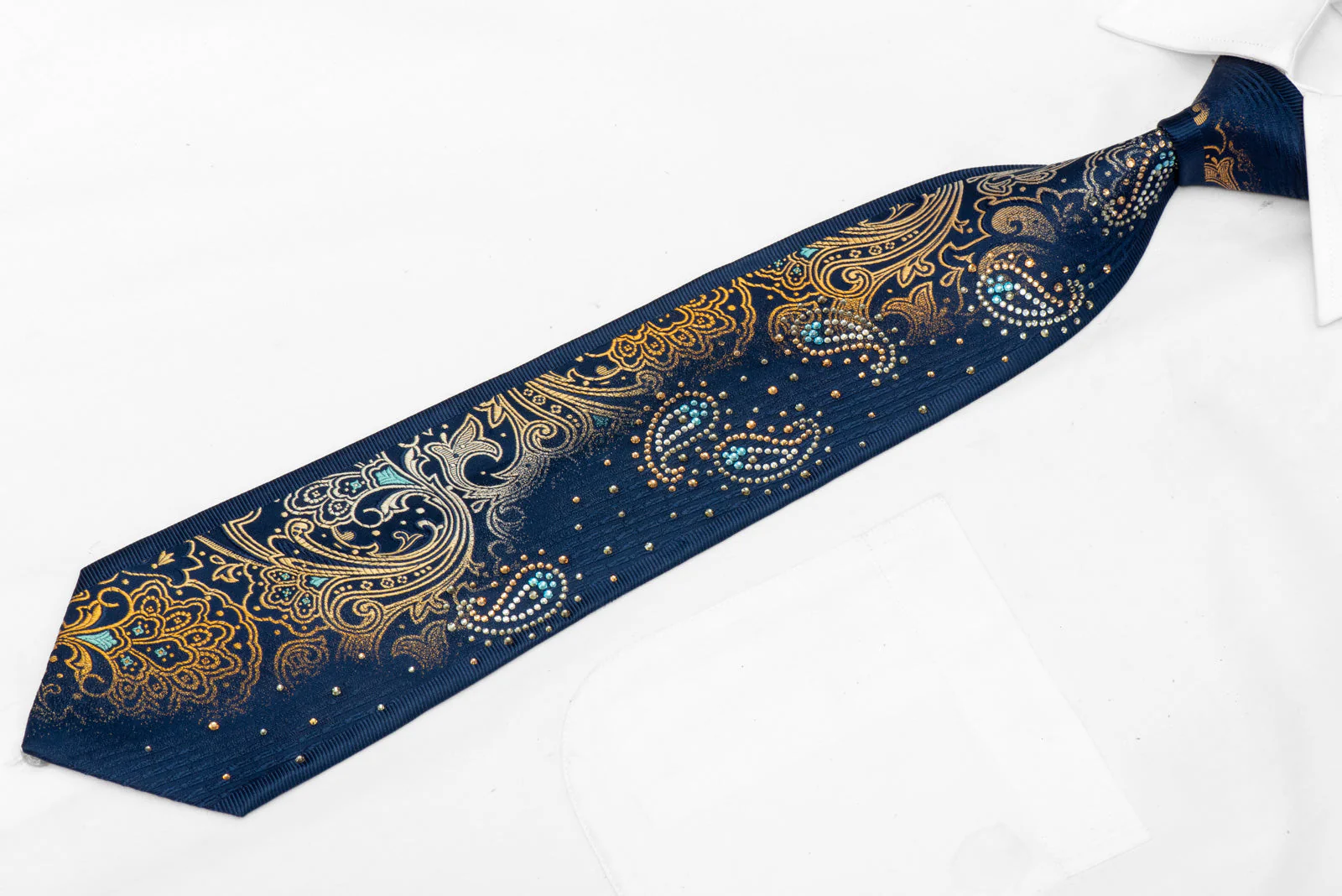 Rhinestone Silk Necktie - Gold Paisley On Navy Blue with Crystal Embellishments - Image 2