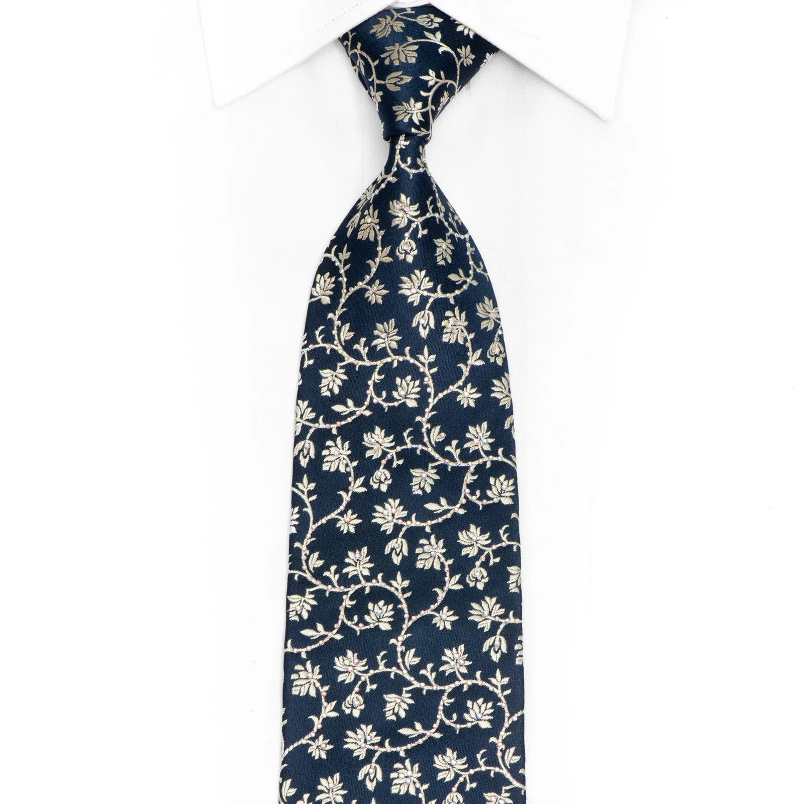 Rhinestone Silk Necktie Gold Vines On Navy