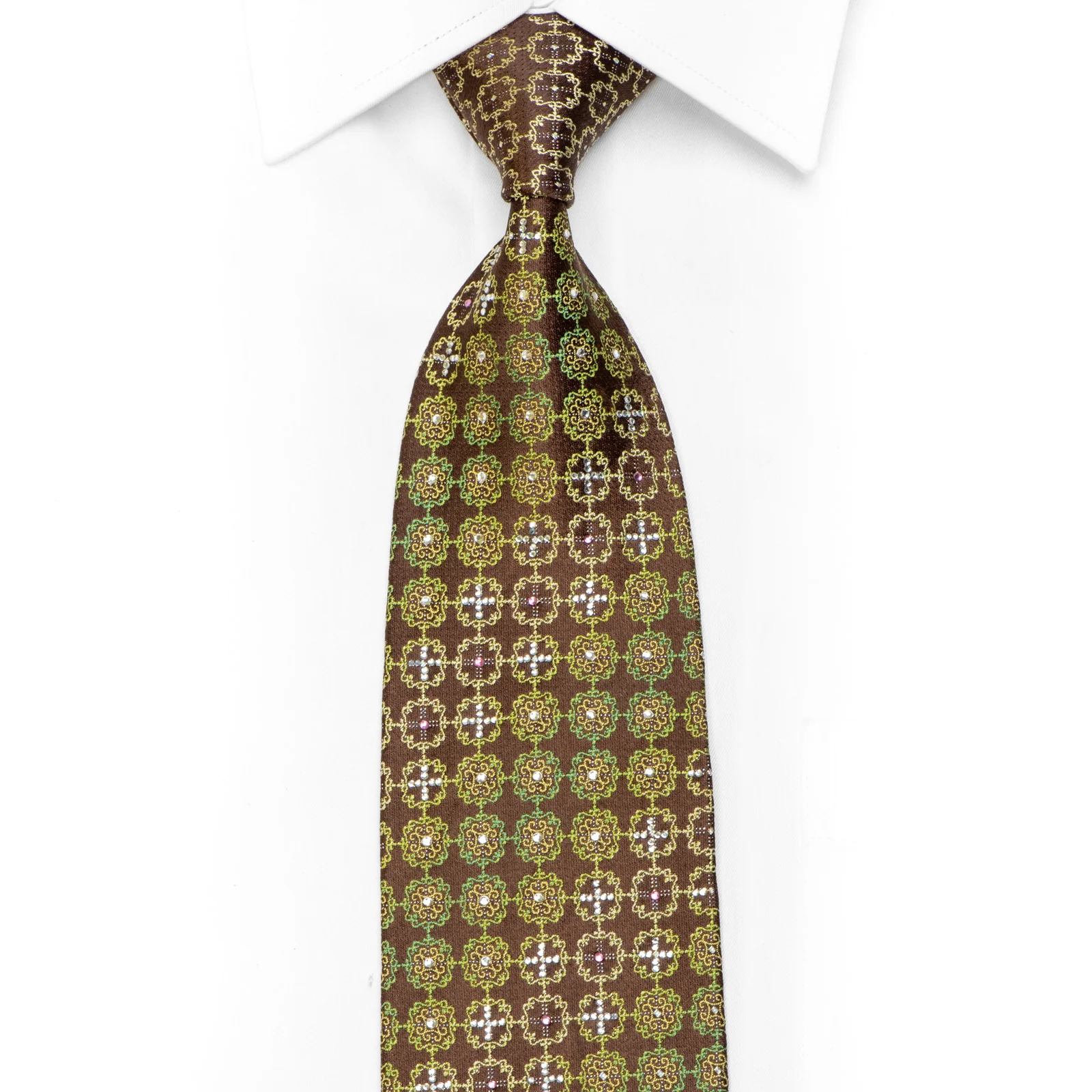 Rhinestone Silk Necktie Green Cartouche On Brown With Sparkles