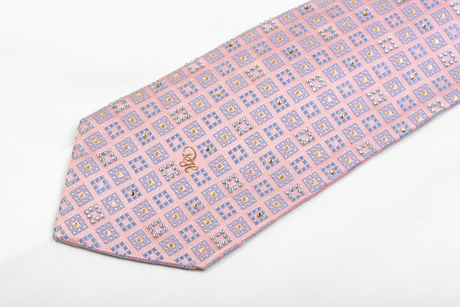 Rhinestone Silk Necktie Mauve Squares On Pink With Sparkles - Image 4