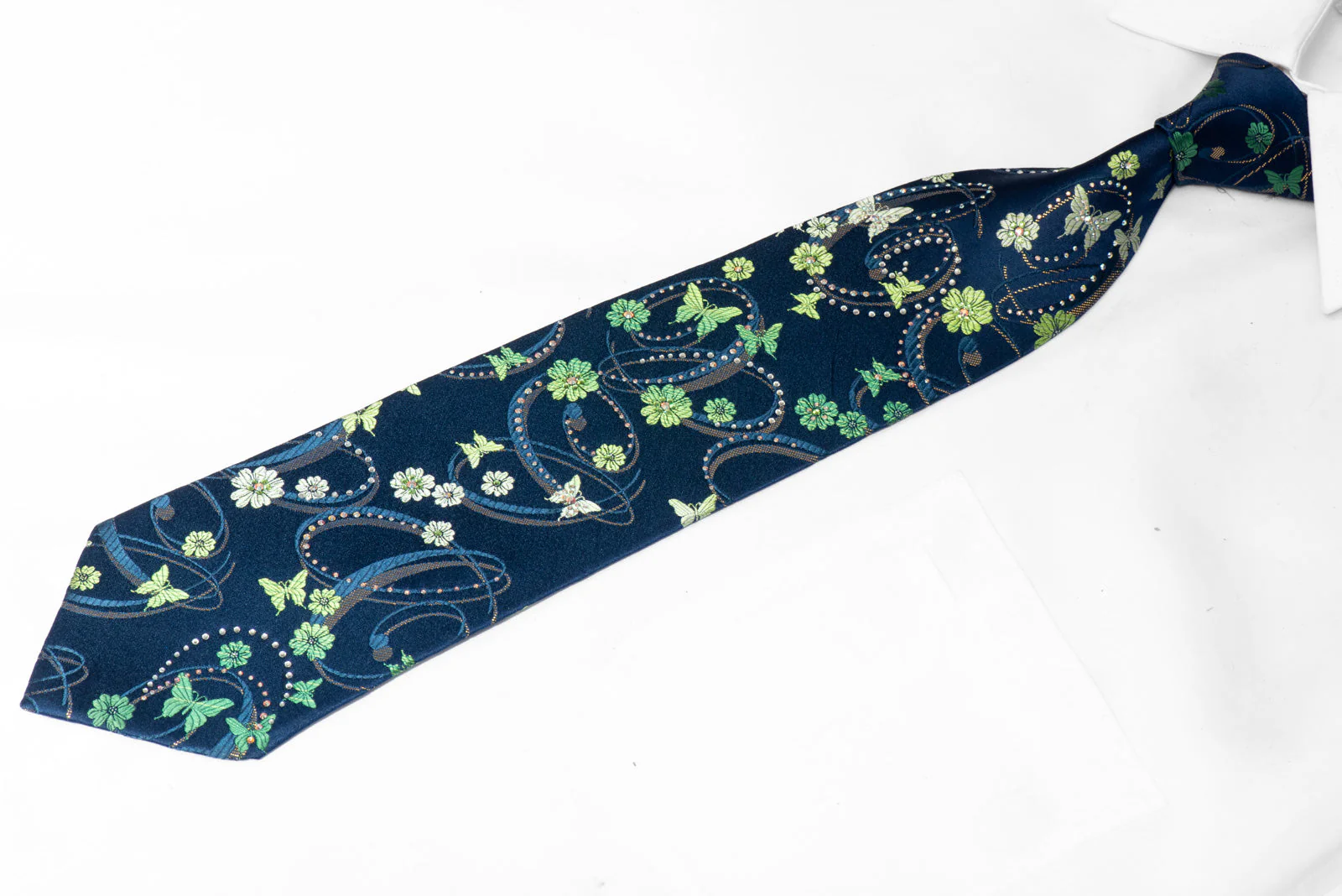 Rhinestone Silk Necktie - Navy Floral Butterfly With Gold Sparkles - Image 2