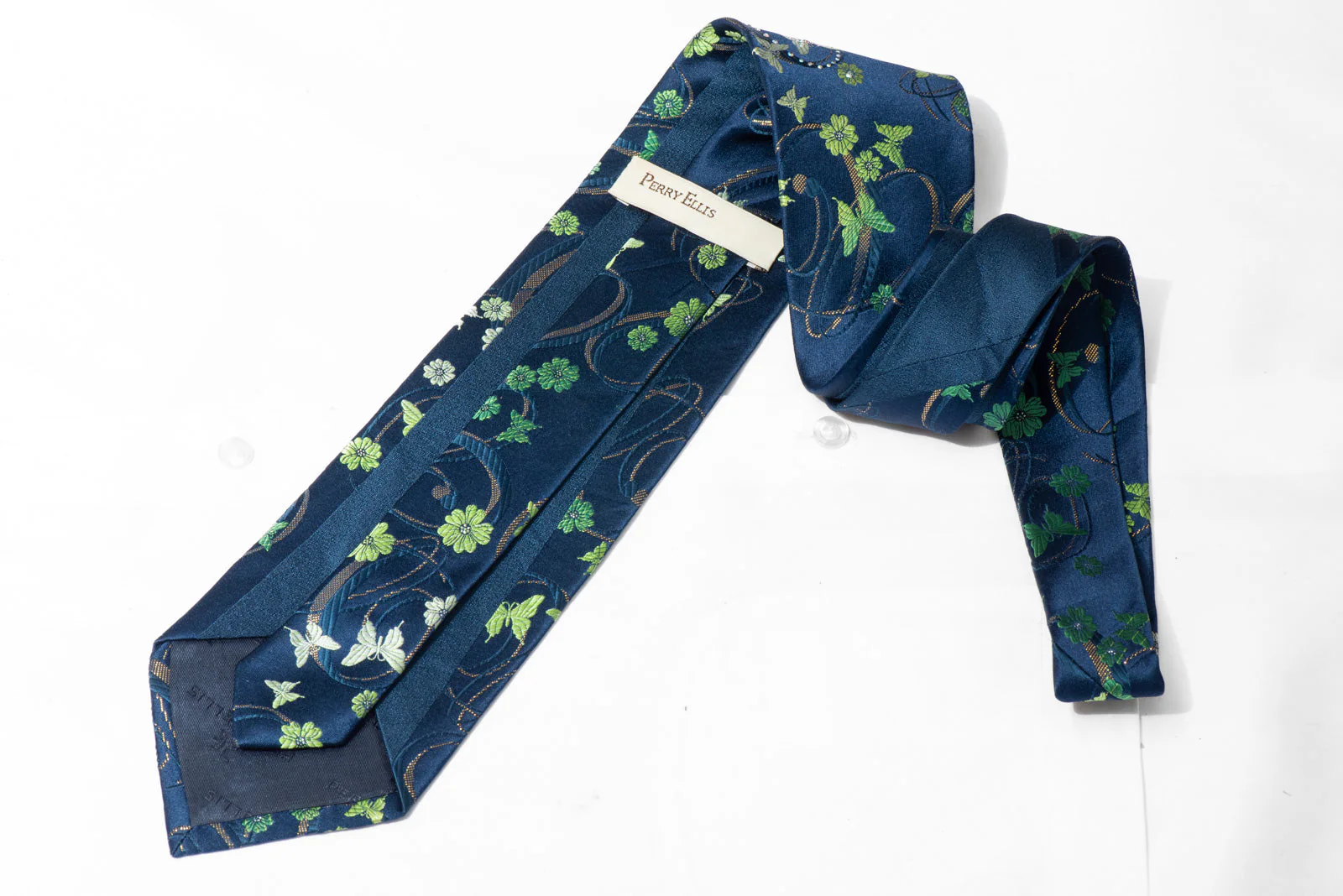 Rhinestone Silk Necktie - Navy Floral Butterfly With Gold Sparkles - Image 3