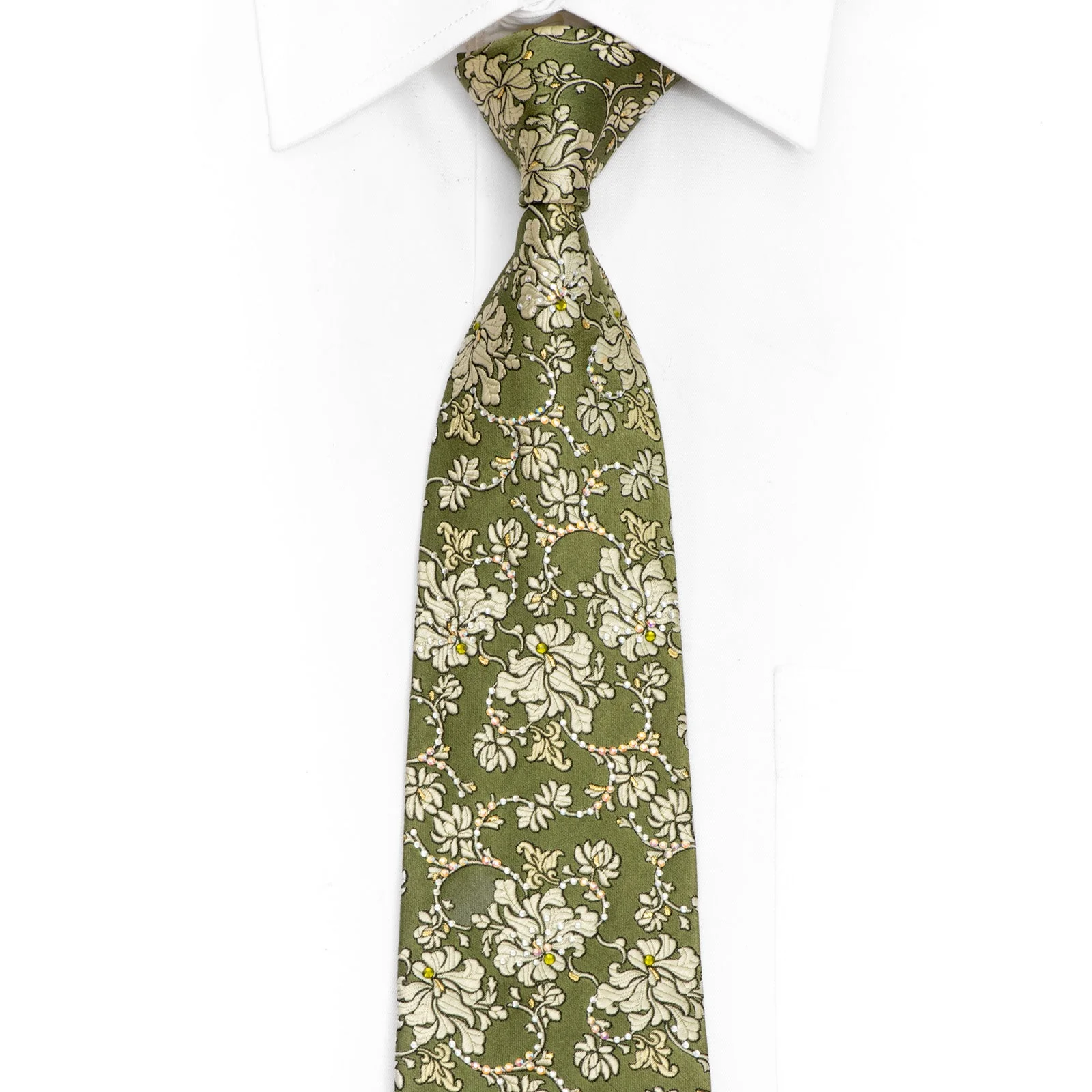 Rhinestone Silk Necktie - Olive Green Floral