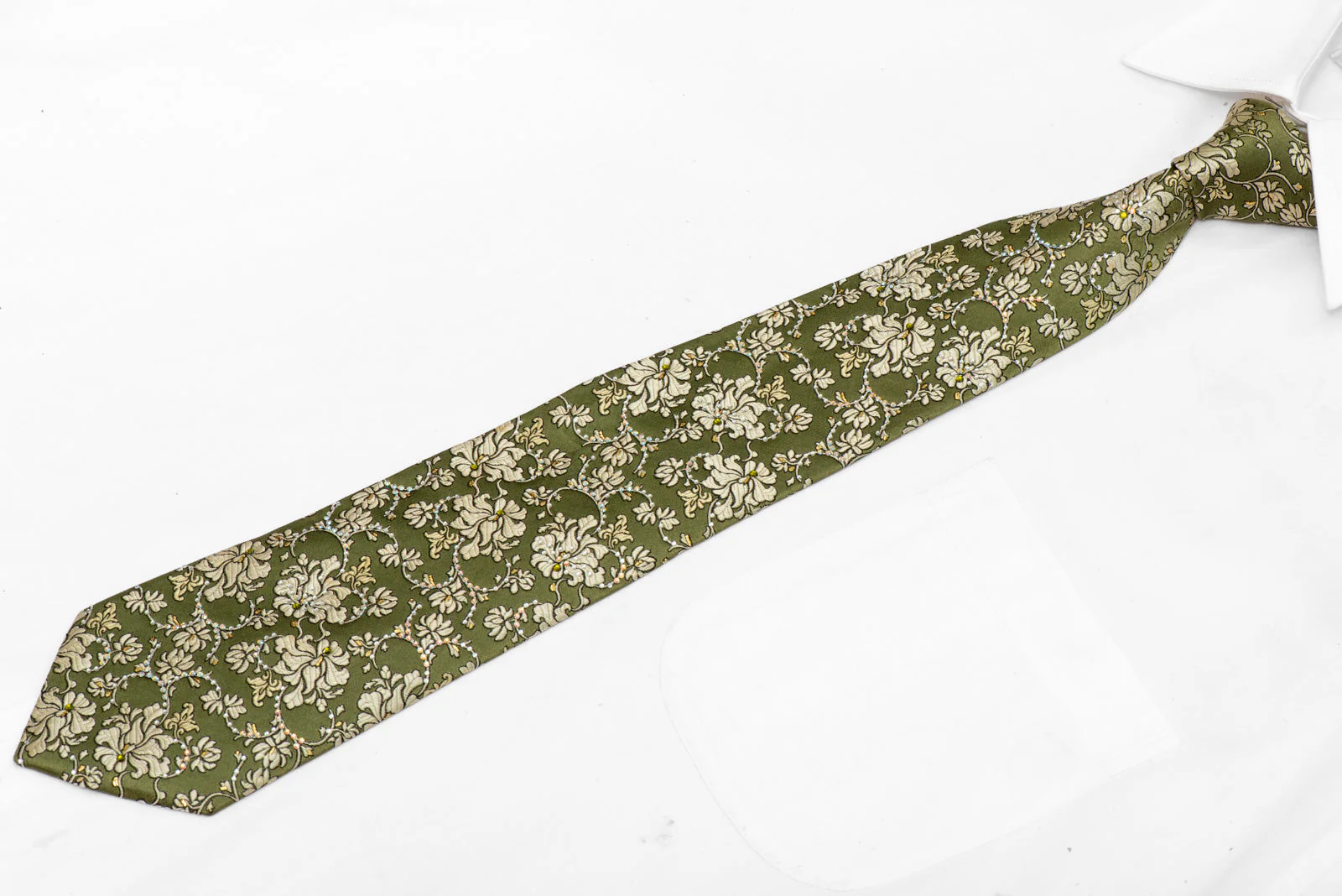 Rhinestone Silk Necktie - Olive Green Floral - Image 2