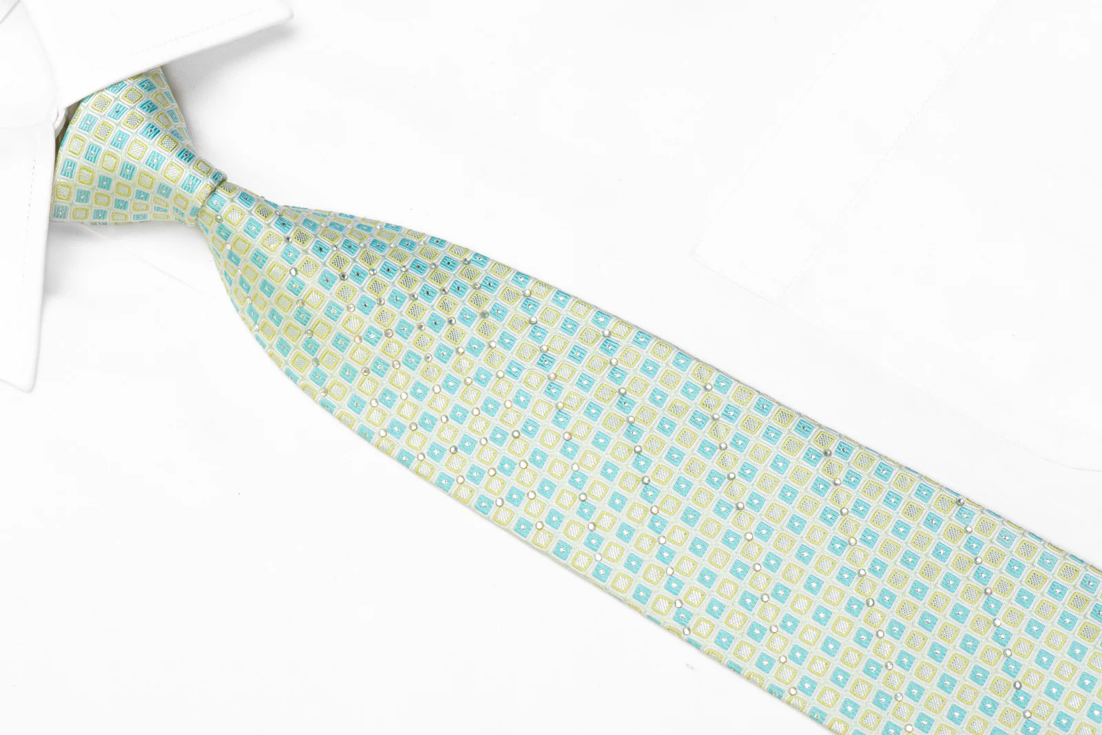 Rhinestone Silk Necktie Pale Green Blue Checkered With Sparkles - Image 2
