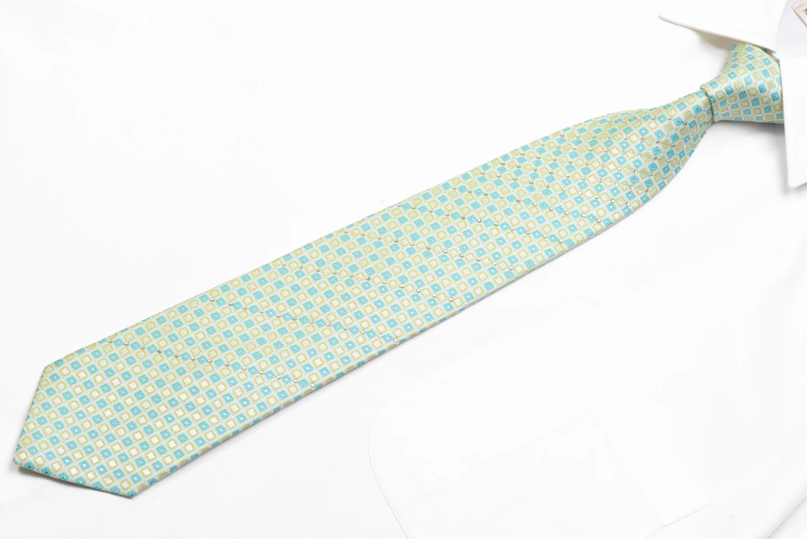 Rhinestone Silk Necktie Pale Green Blue Checkered With Sparkles - Image 3