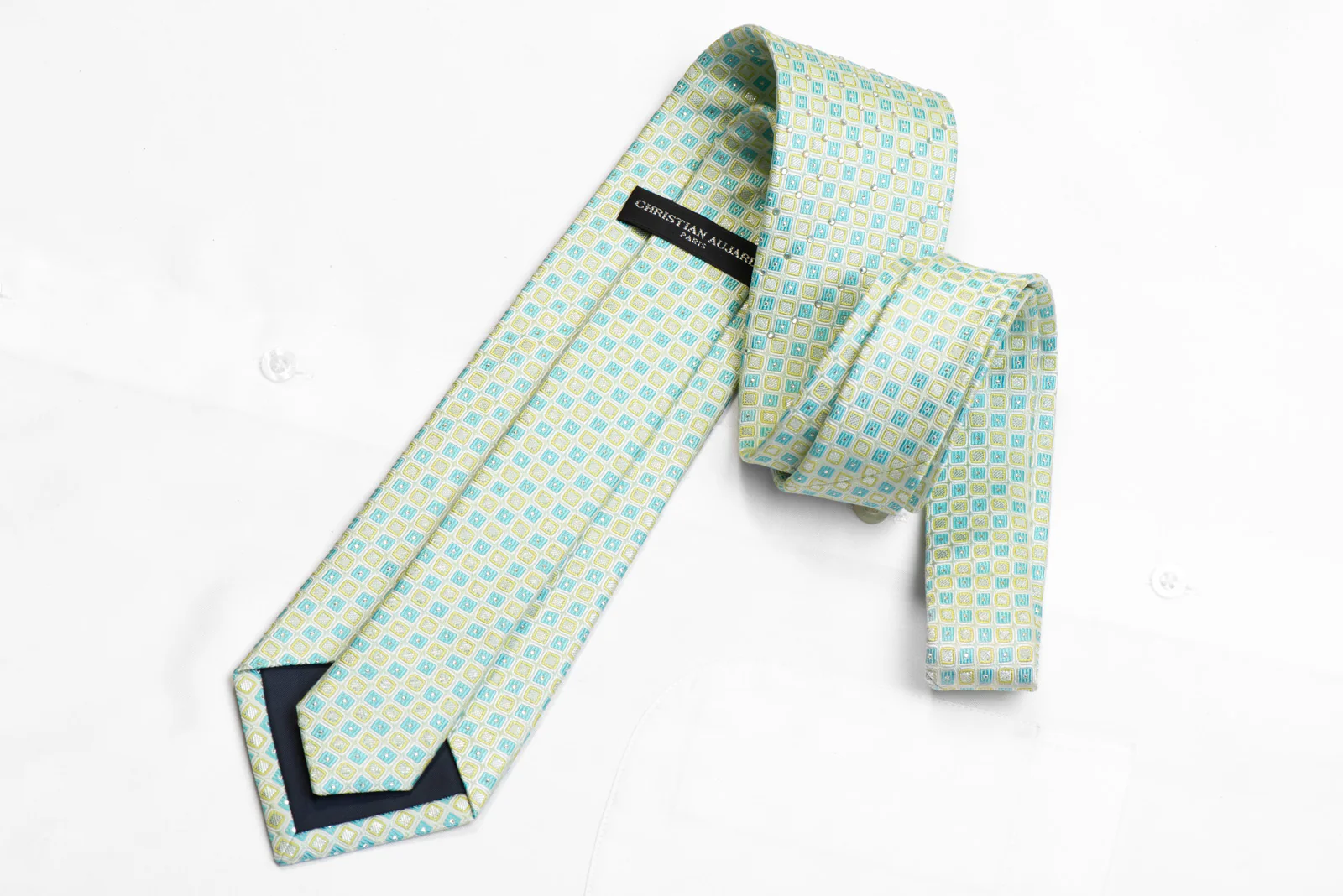 Rhinestone Silk Necktie Pale Green Blue Checkered With Sparkles - Image 4