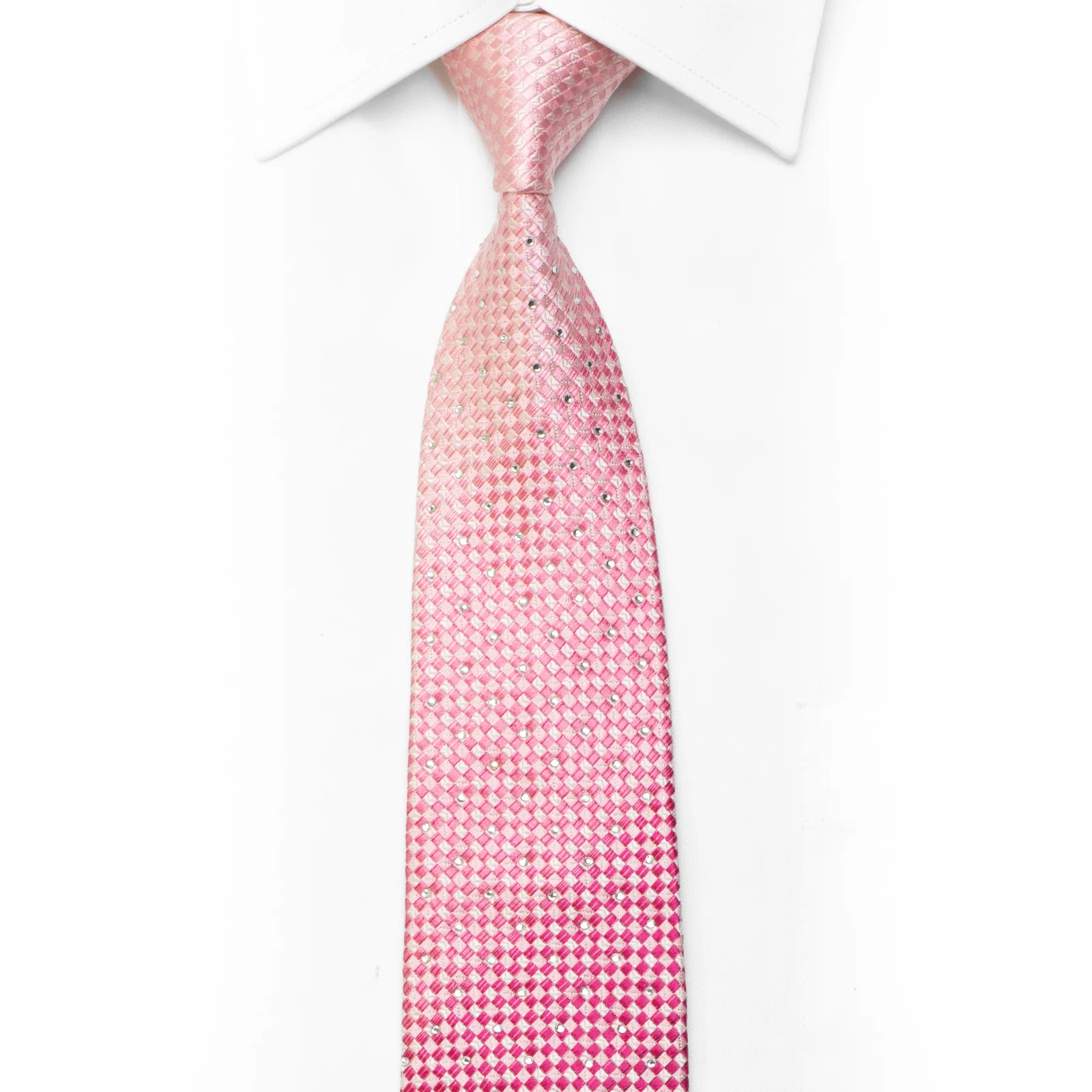 Rhinestone Silk Necktie Pink Burgundy Checkered With Silver Sparkles