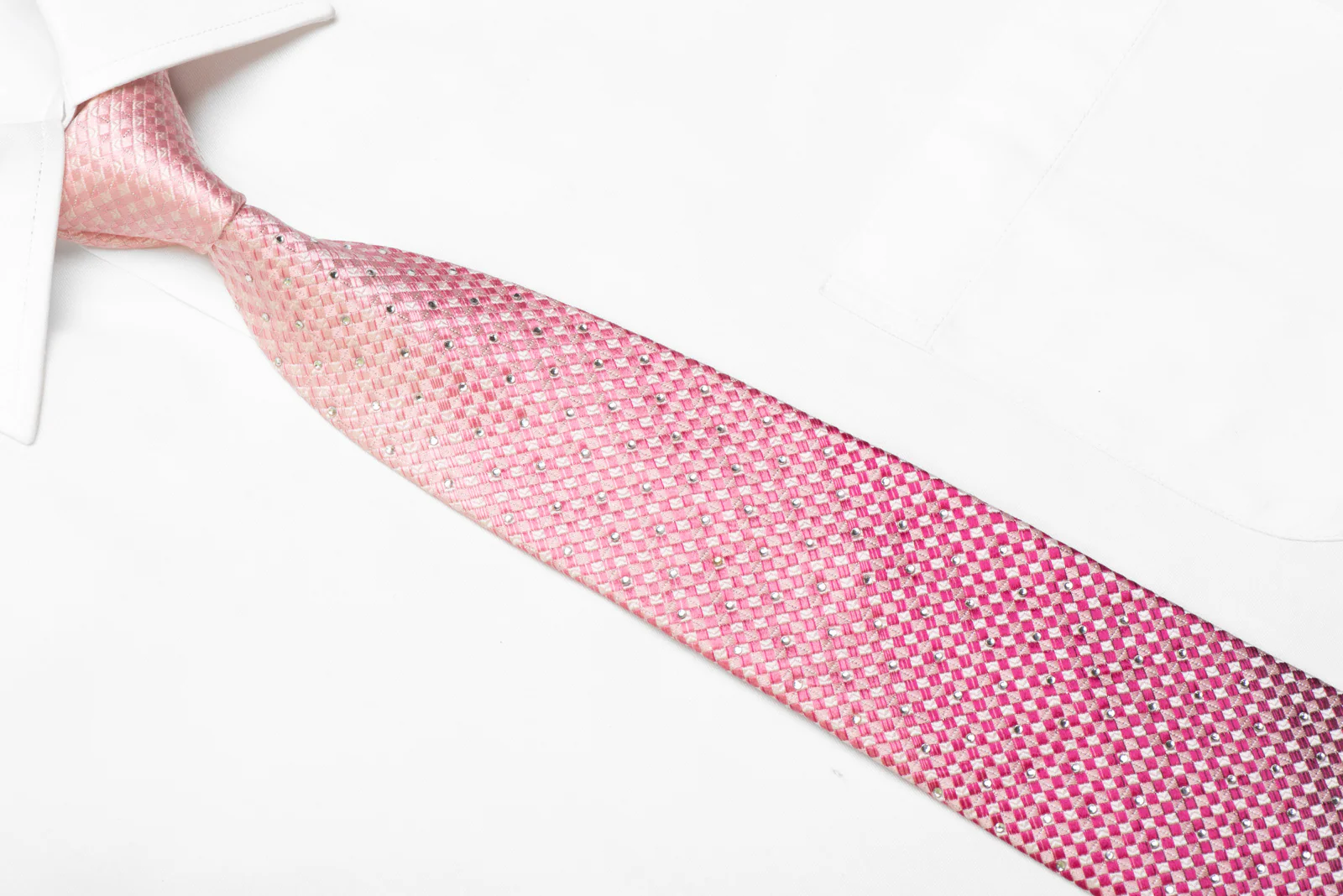 Rhinestone Silk Necktie Pink Burgundy Checkered With Silver Sparkles - Image 2