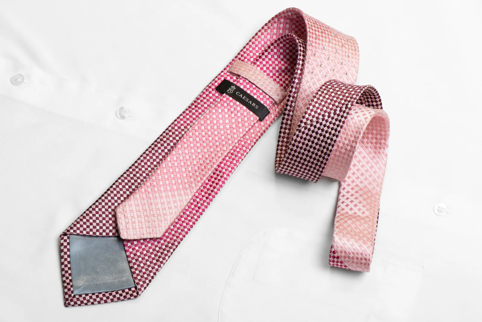 Rhinestone Silk Necktie Pink Burgundy Checkered With Silver Sparkles - Image 4