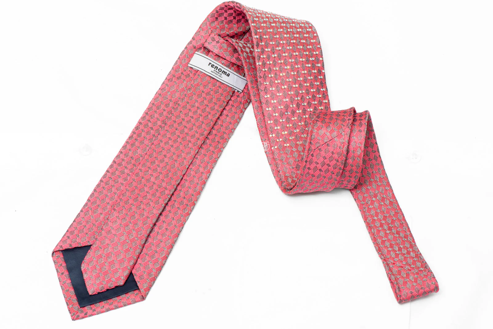 Rhinestone Silk Necktie - Pink Geometric on Silver - Image 3