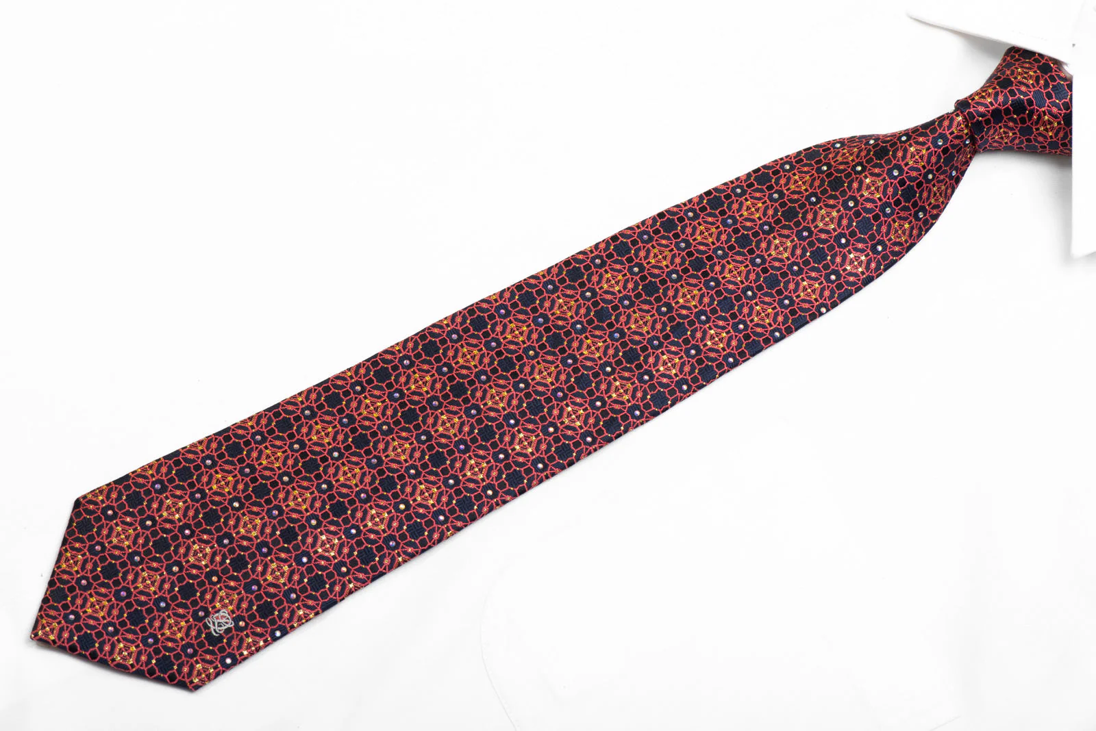 Rhinestone Silk Necktie Pink Interlocking On Navy Blue With Gold Sparkles - Image 3