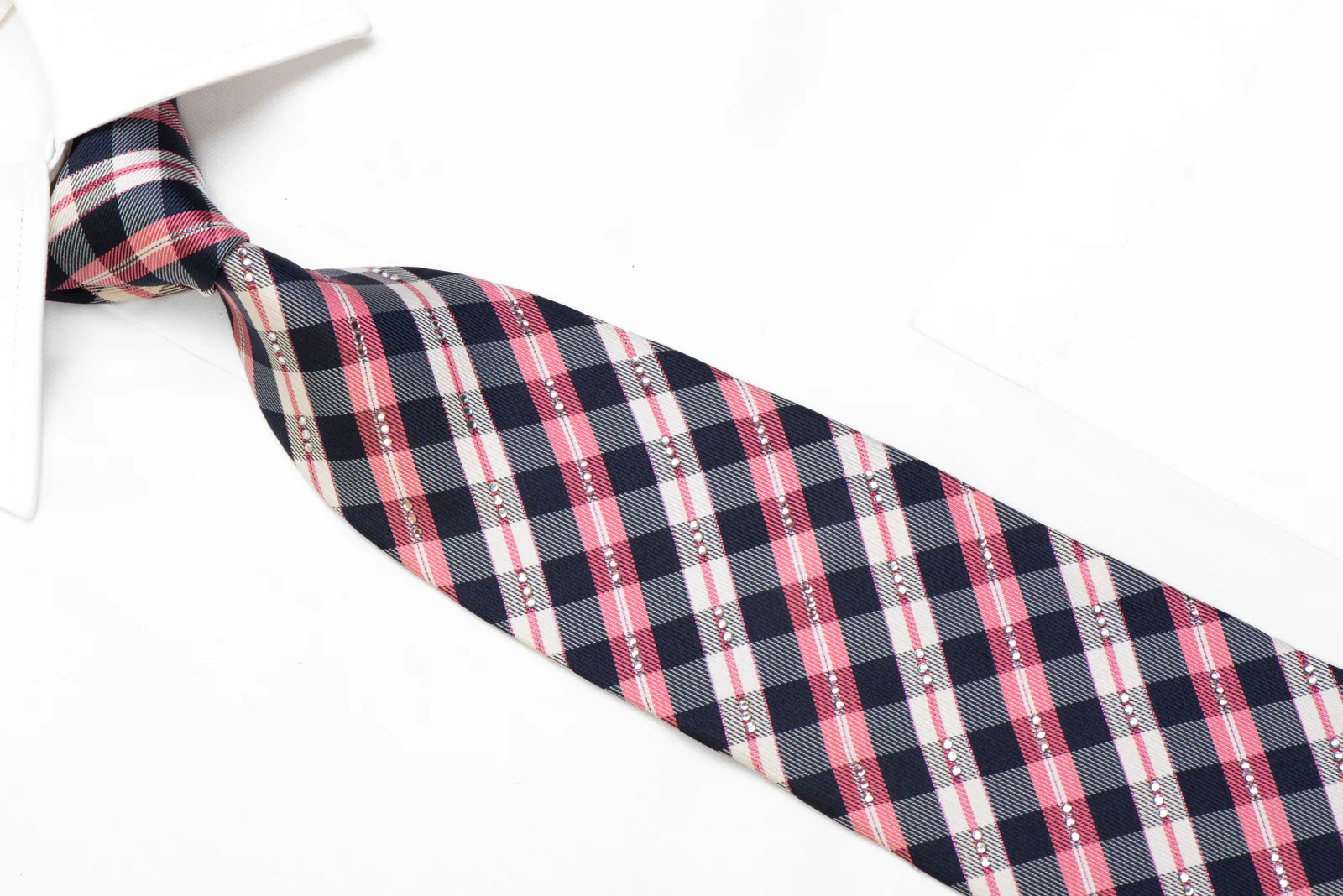 Rhinestone Silk Necktie Pink Navy Cream Plaid With Pink Sparkles - Image 2