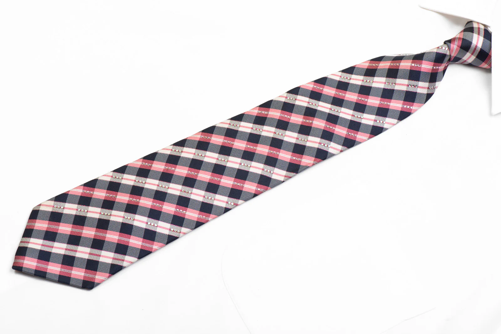 Rhinestone Silk Necktie Pink Navy Cream Plaid With Pink Sparkles - Image 3