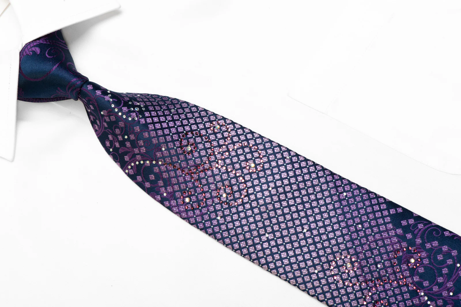 Rhinestone Silk Necktie Purple Scrolls On Geometric On Navy - Image 2
