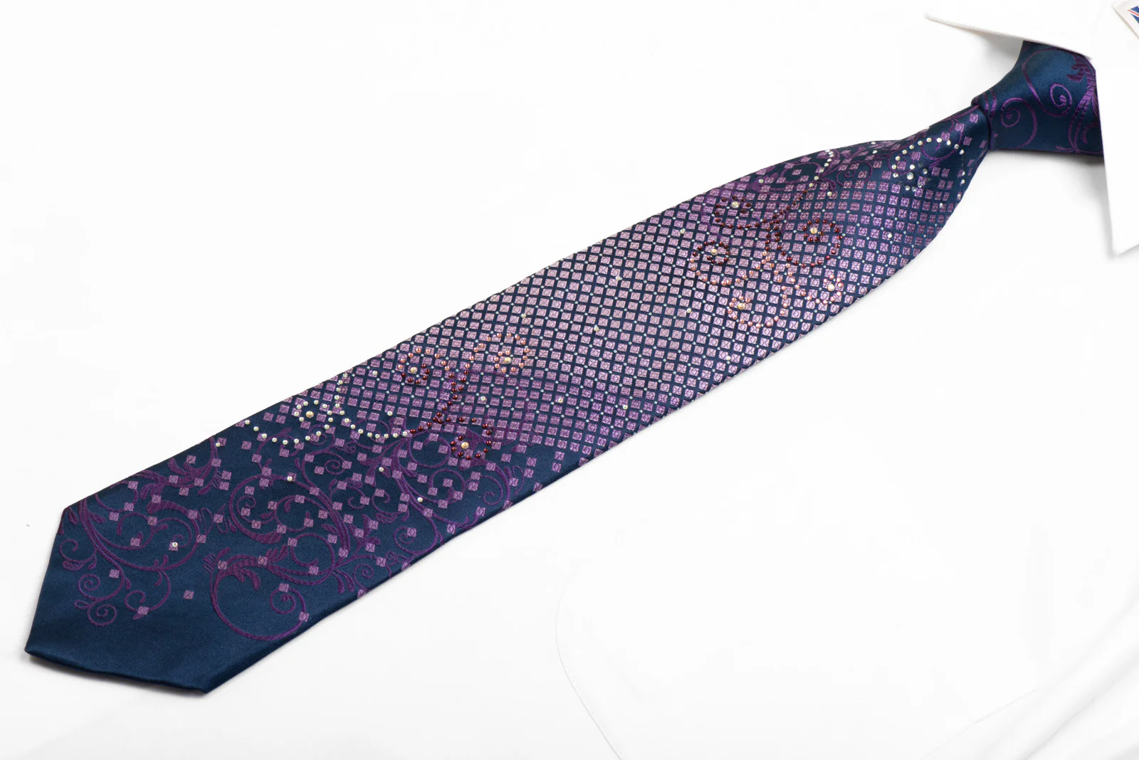 Rhinestone Silk Necktie Purple Scrolls On Geometric On Navy - Image 3