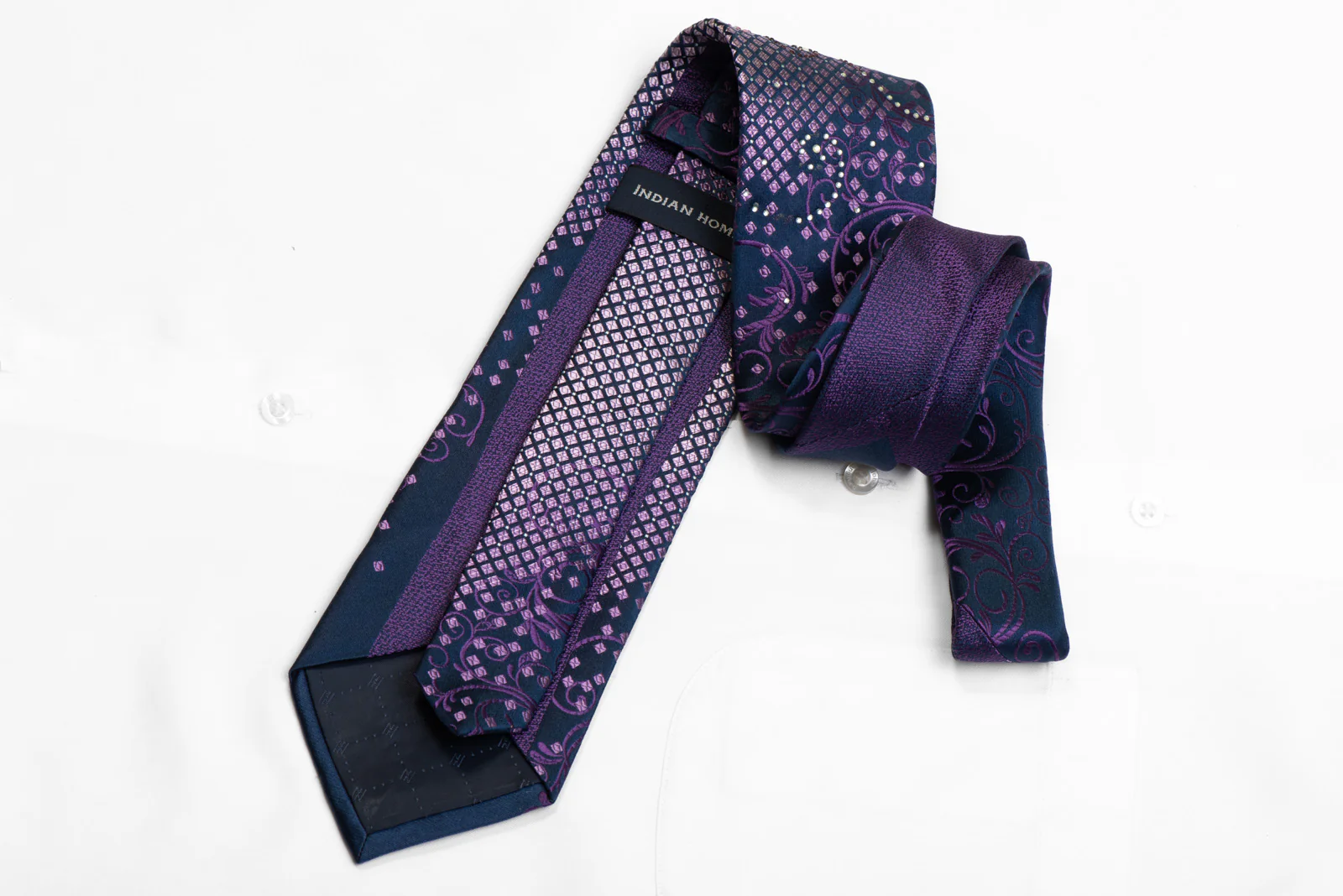 Rhinestone Silk Necktie Purple Scrolls On Geometric On Navy - Image 4