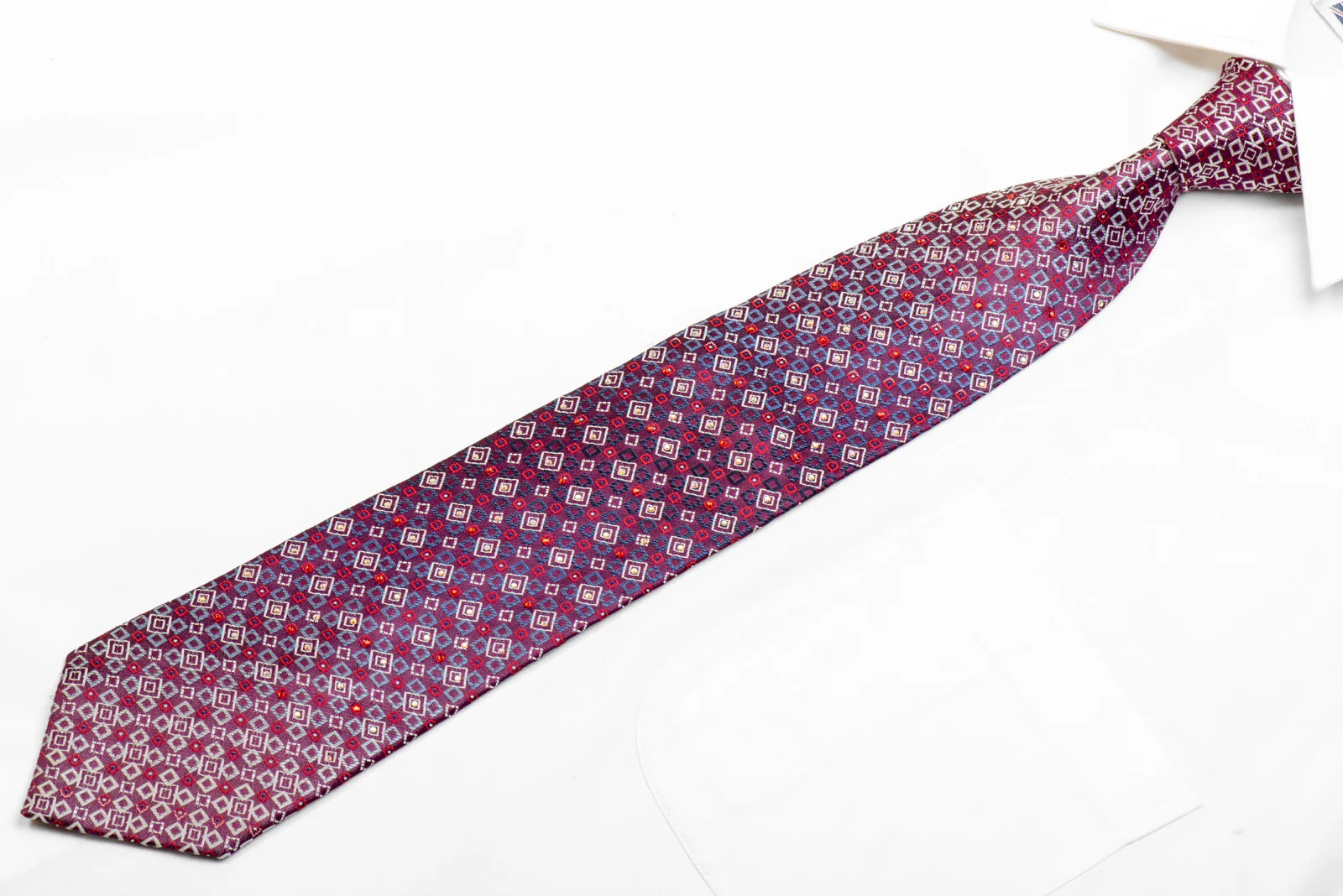 Rhinestone Silk Necktie Silver Blue Geometric On Purple - Image 3