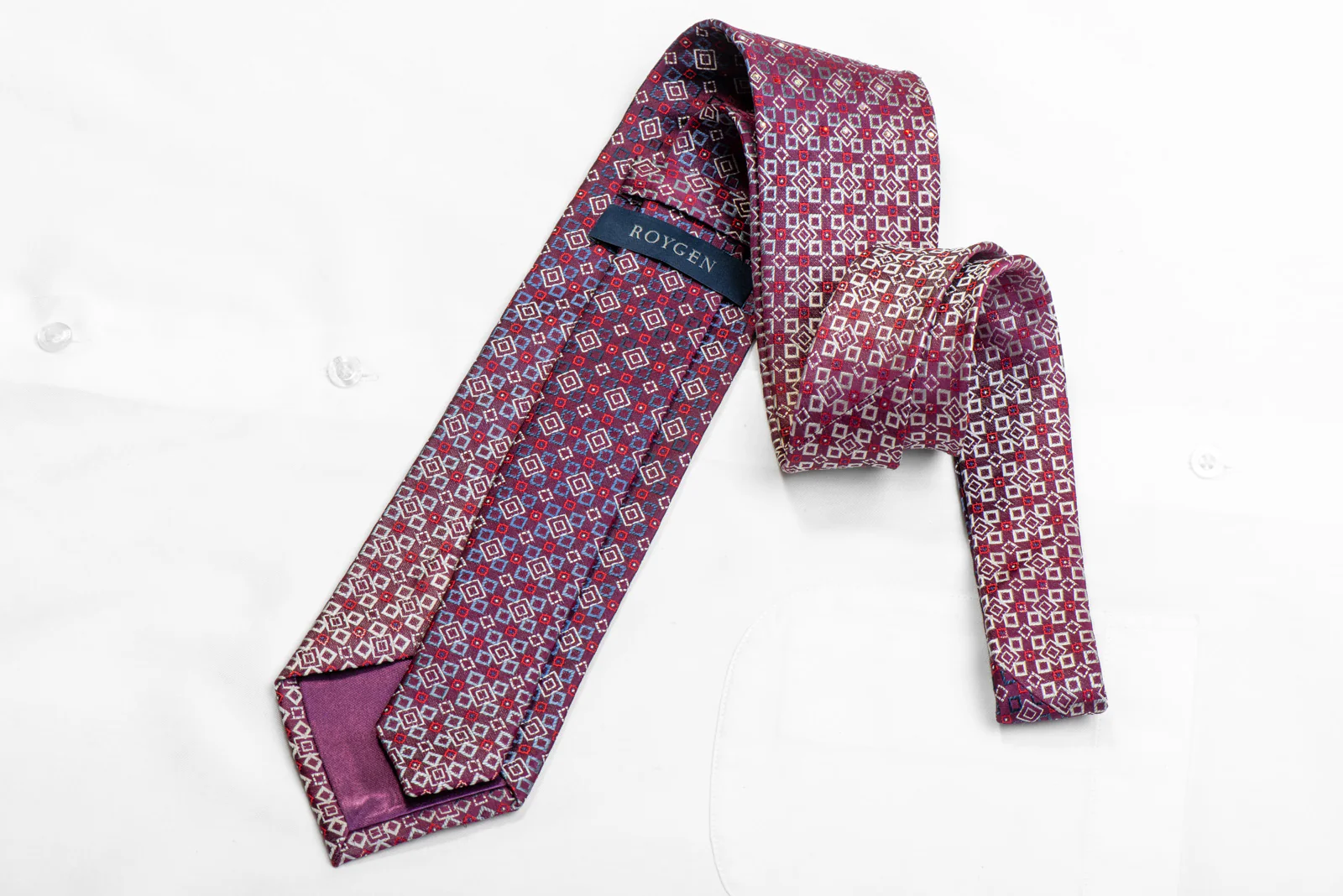 Rhinestone Silk Necktie Silver Blue Geometric On Purple - Image 4